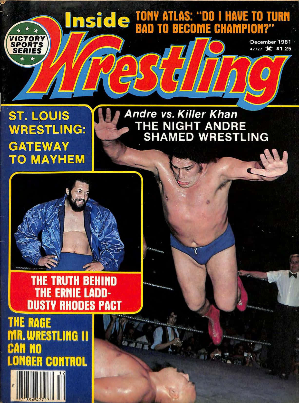 《Inside Wrestling》雜誌封面：厄尼·拉德 壁紙 — 一張復古摔角雜誌封面顯示一名摔角手在擂台上方凌空躍過另一名摔角手，帶有粗體標題和一個藍色外套男子在照片框中。