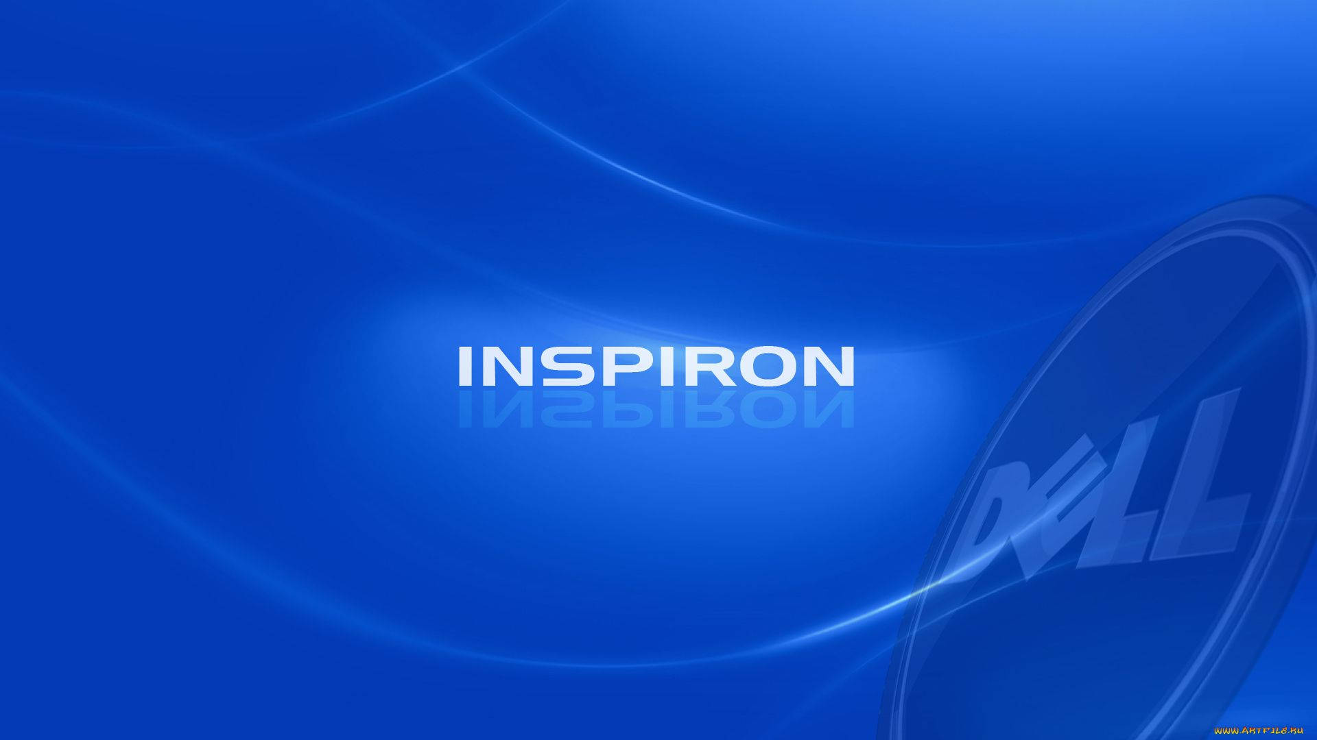 Inspiron與戴爾HD標誌 壁紙 — 時尚的藍色漸變牆紙，上面有INSPIRON字樣和半透明的Dell標誌，帶有流動的光線條紋。
