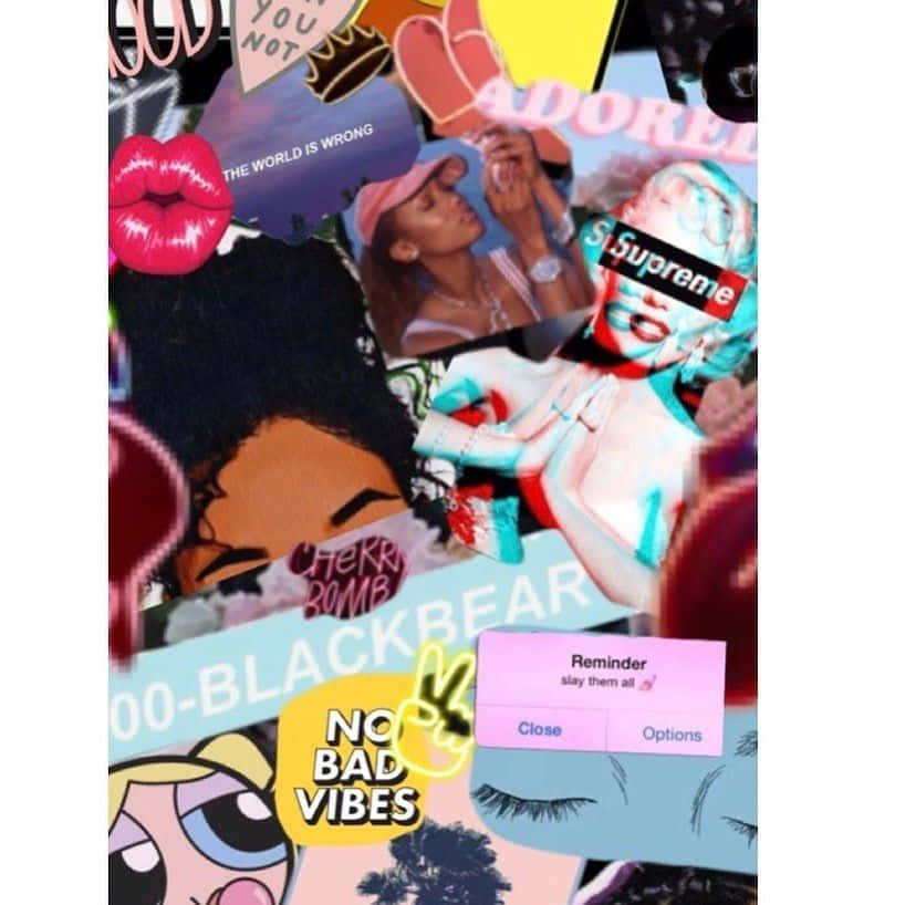 Insta Baddie 藝術拼貼畫 壁紙 — 一個充滿活力的流行文化貼紙拼貼畫，包含嘴唇、文字語錄、卡通人物和時尚圖像。