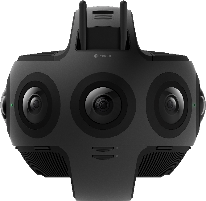 Insta360 Pro28K VR相機 壁紙 — 一部時尚的黑色 Insta360 360 度相機，配備多個鏡頭和天線，背景為純白色。
