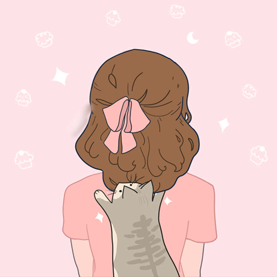 打造完美書籍美學 Instagram 個人頭像 壁紙 — 一個棕色頭髮、戴著粉紅色蝴蝶結的女孩從背後看到，抱著一隻灰色的貓，背景是柔和的粉紅色，帶有杯子蛋糕和月亮圖案。