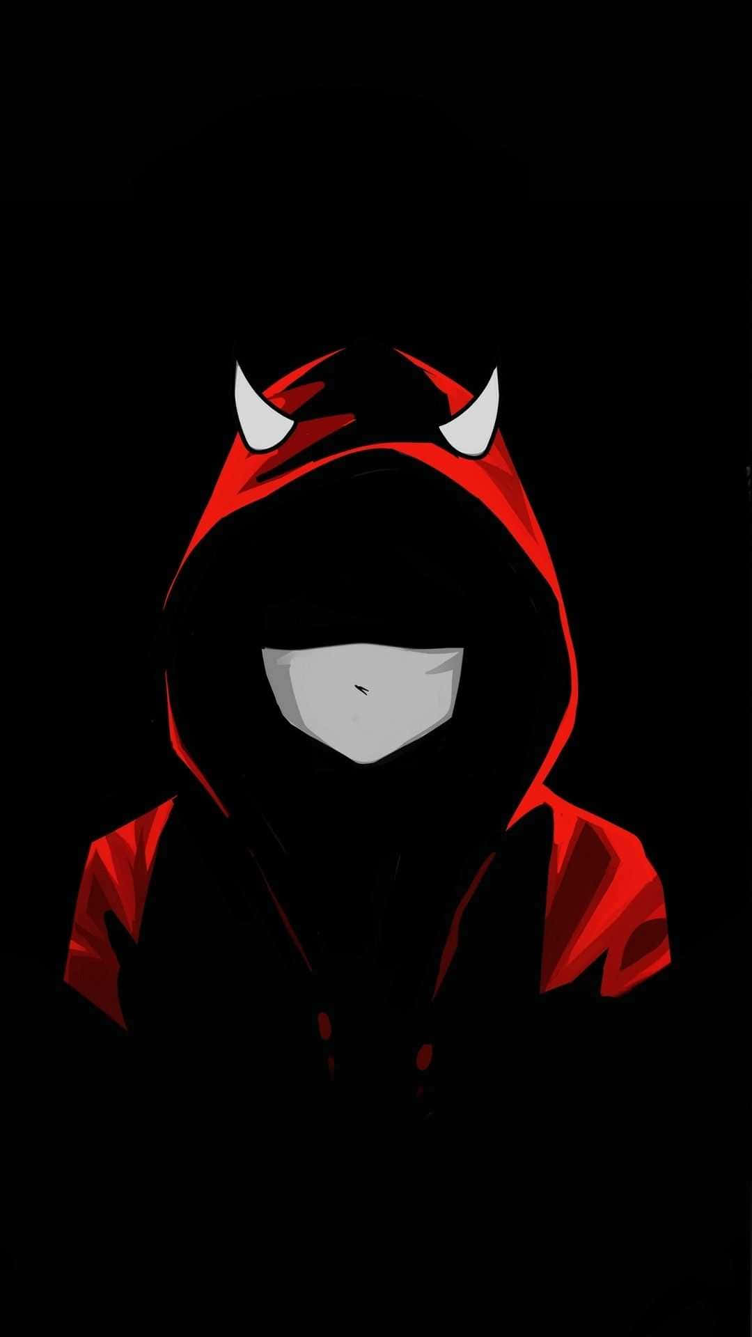 酷炫Instagram魔鬼剪影 壁紙 — 一個風格化的人物，身穿紅色連帽服裝，頭上有白色角，臉部空白白色，站在黑色背景前。