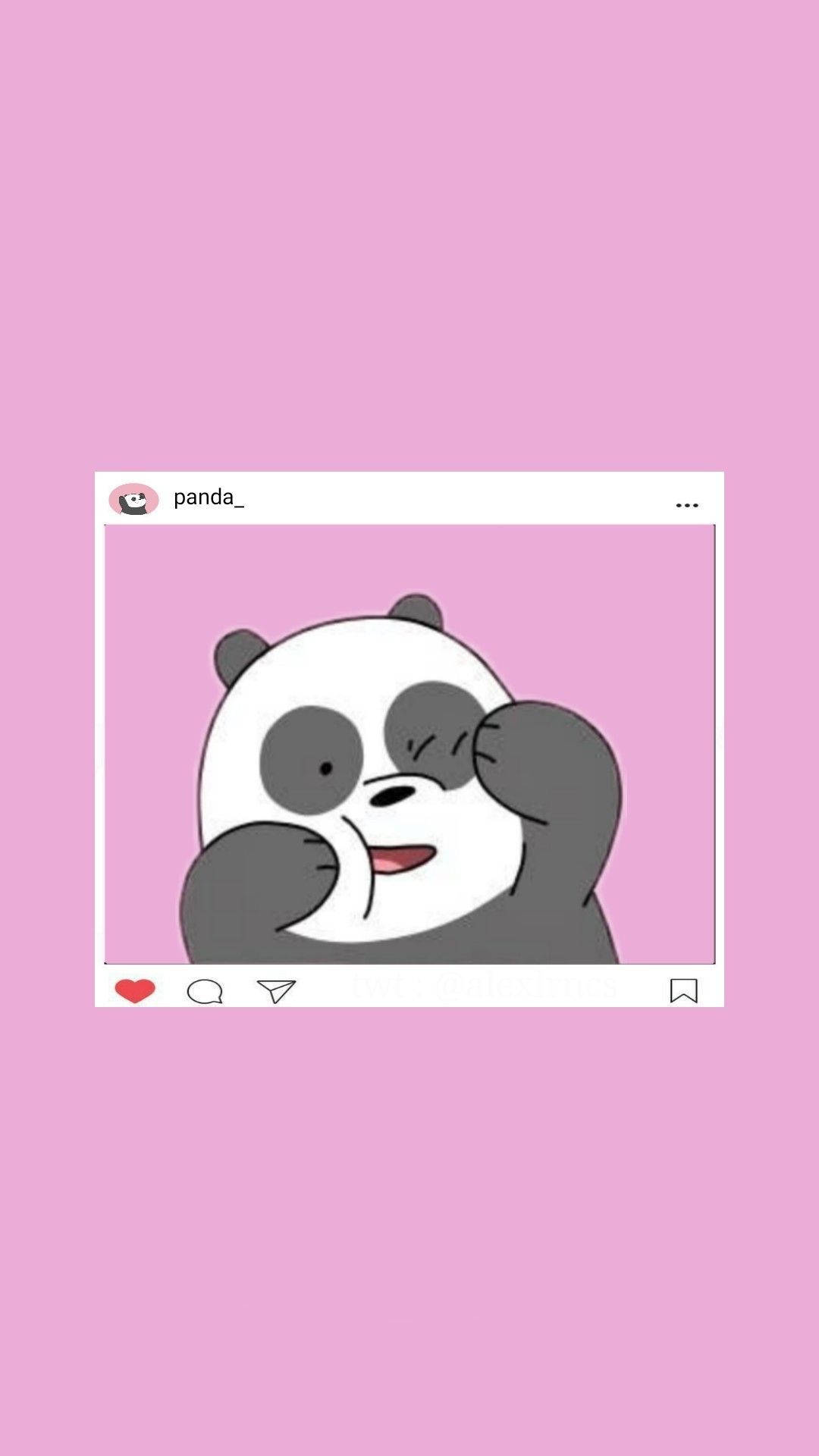 Instagram 熊貓 We Bare Bears 壁紙 — 一隻卡通熊貓單眼閉起，手托臉頰，在粉紅色Instagram風格框架中微笑。