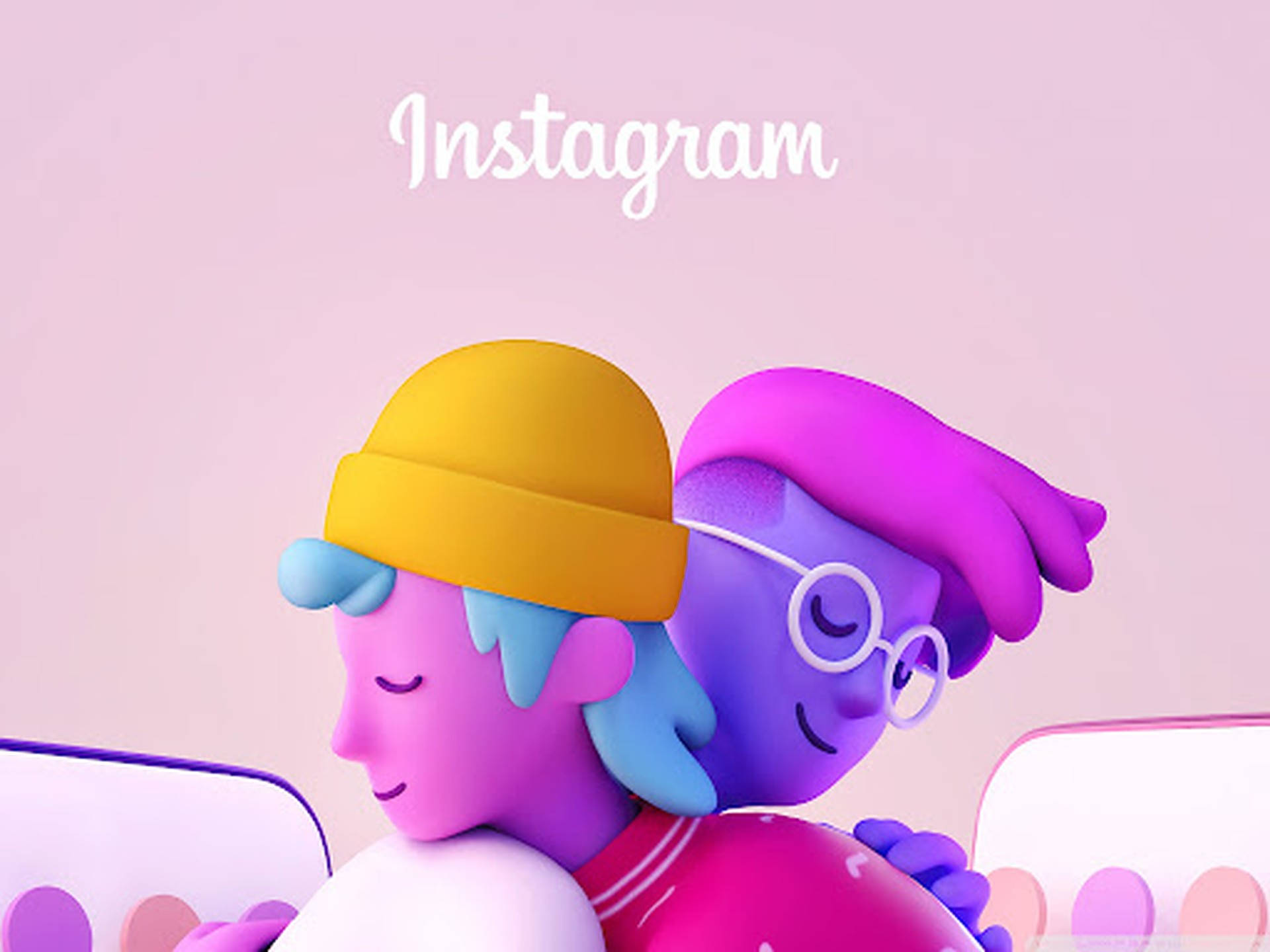 兩個卡通人物在用手機使用Instagram時擁抱。