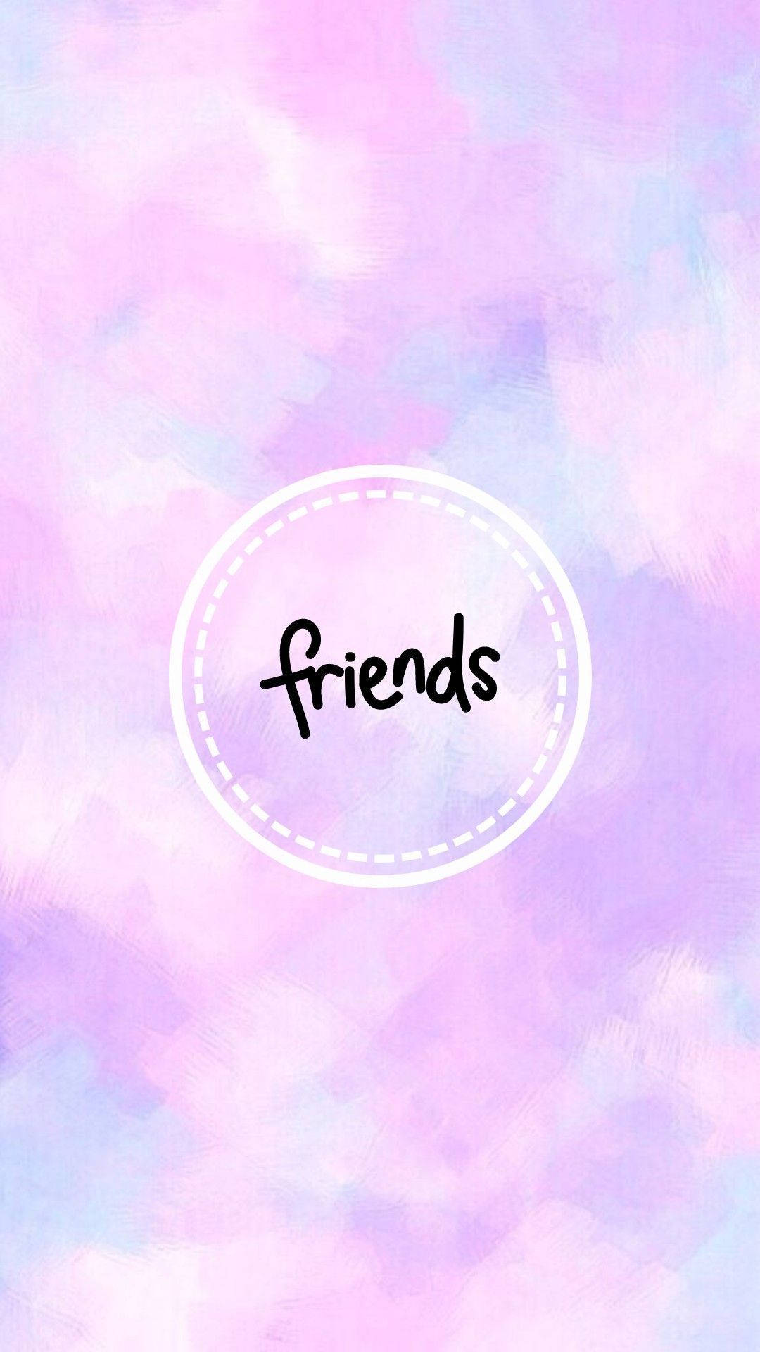 在粉彩水彩背景上，白色虛線圓圈內有「friends」文字。