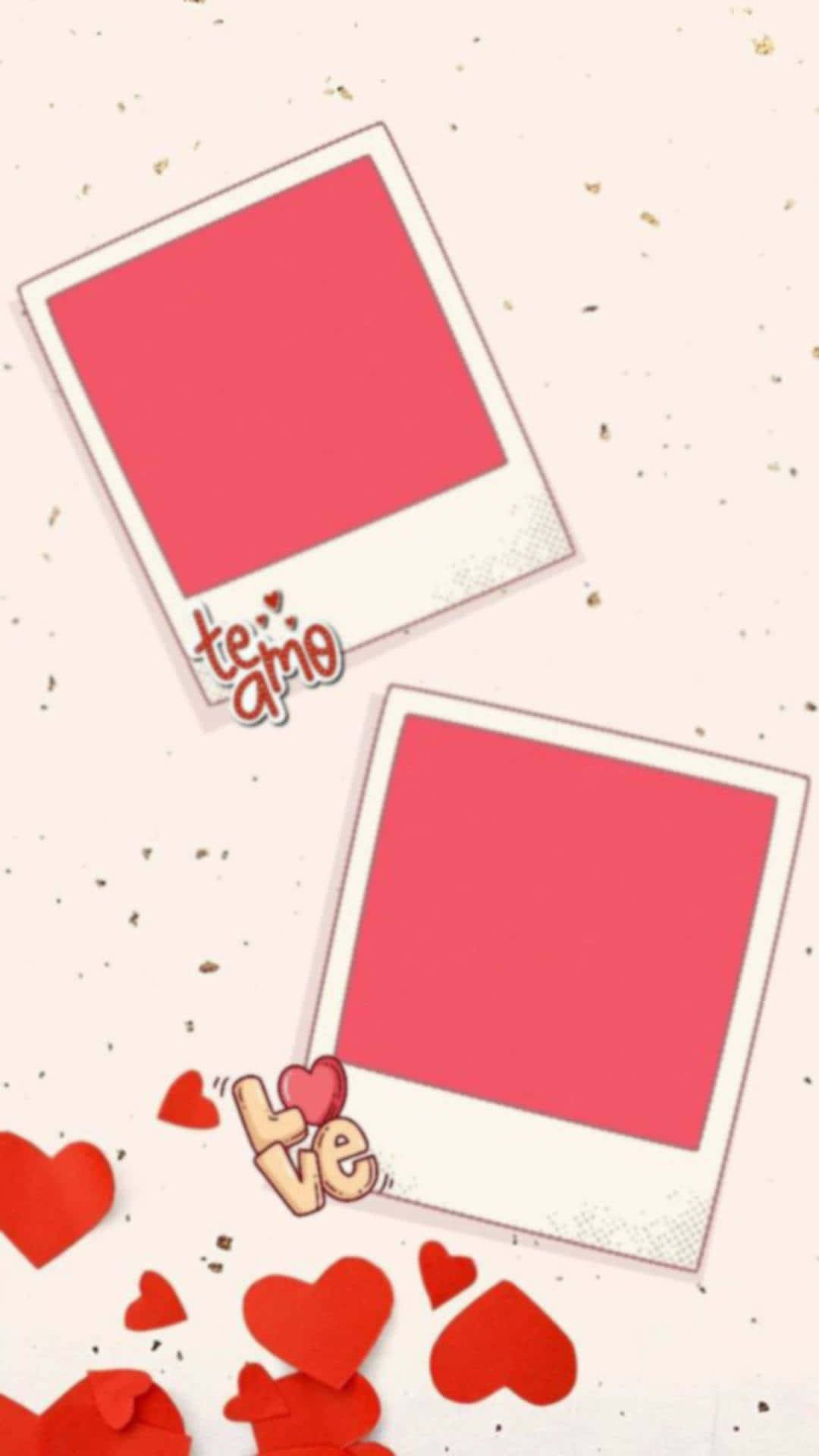 Instagram故事模板：極簡相框 壁紙 — 兩個粉紅色寶麗來相框，上面有「te amo」和「te」文字，漂浮在散落的紅色心形圖案上，背景是帶有斑點的腮紅色。