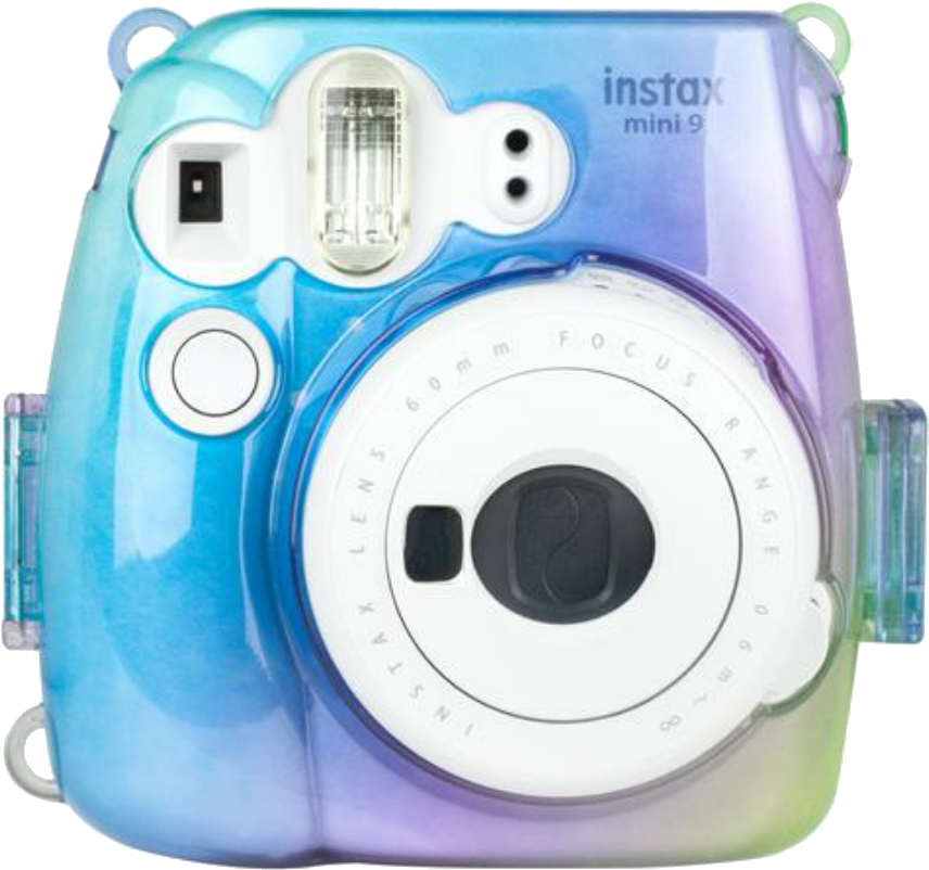 Instax Mini9即影即有相機淡藍色款 壁紙 — 充滿活力的漸變藍紫色即影即有相機，帶有白色點綴和清晰的鏡頭細節。