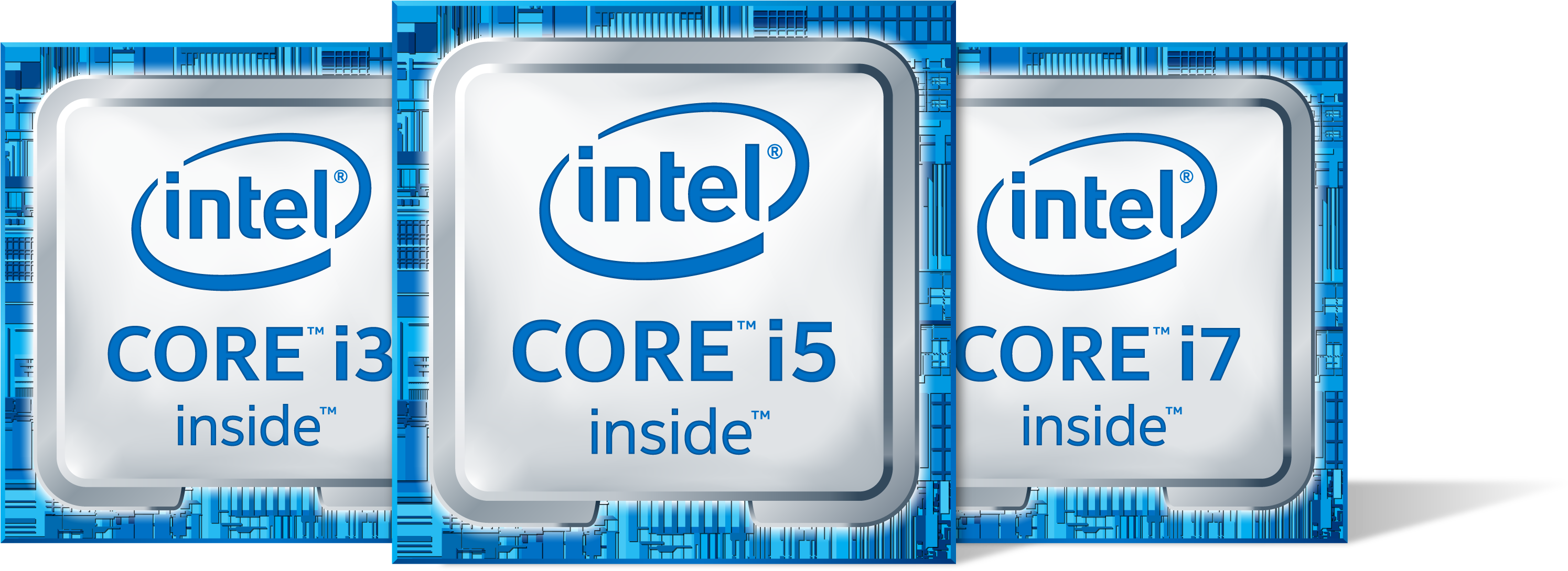 Intel Core i3、i5、i7 處理器 壁紙 — 三個 Intel CPU 貼紙，標有 i3 i5 i7，顯示在藍色電路板背景上。