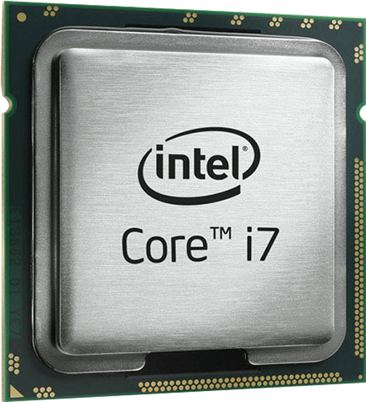 Intel Core i7處理器 壁紙 — Intel Core i7 處理器特寫，帶有拉絲金屬表面和金色針腳，位於綠色電路板上。