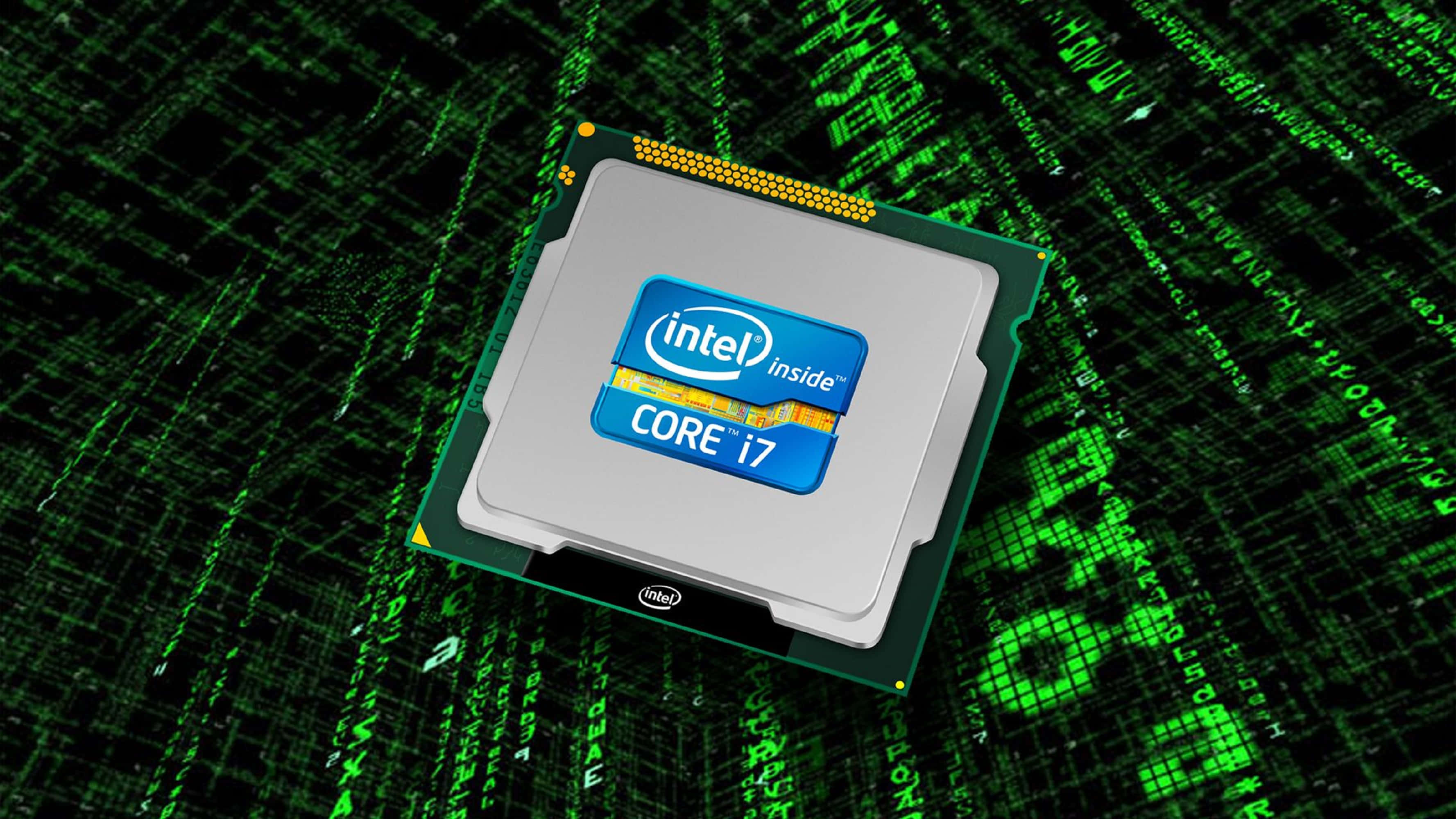 4K Processor 桌布 壁紙 — Intel Core i7 處理器放置喺一個由墜落代碼符號組成嘅綠色數碼矩陣上面。