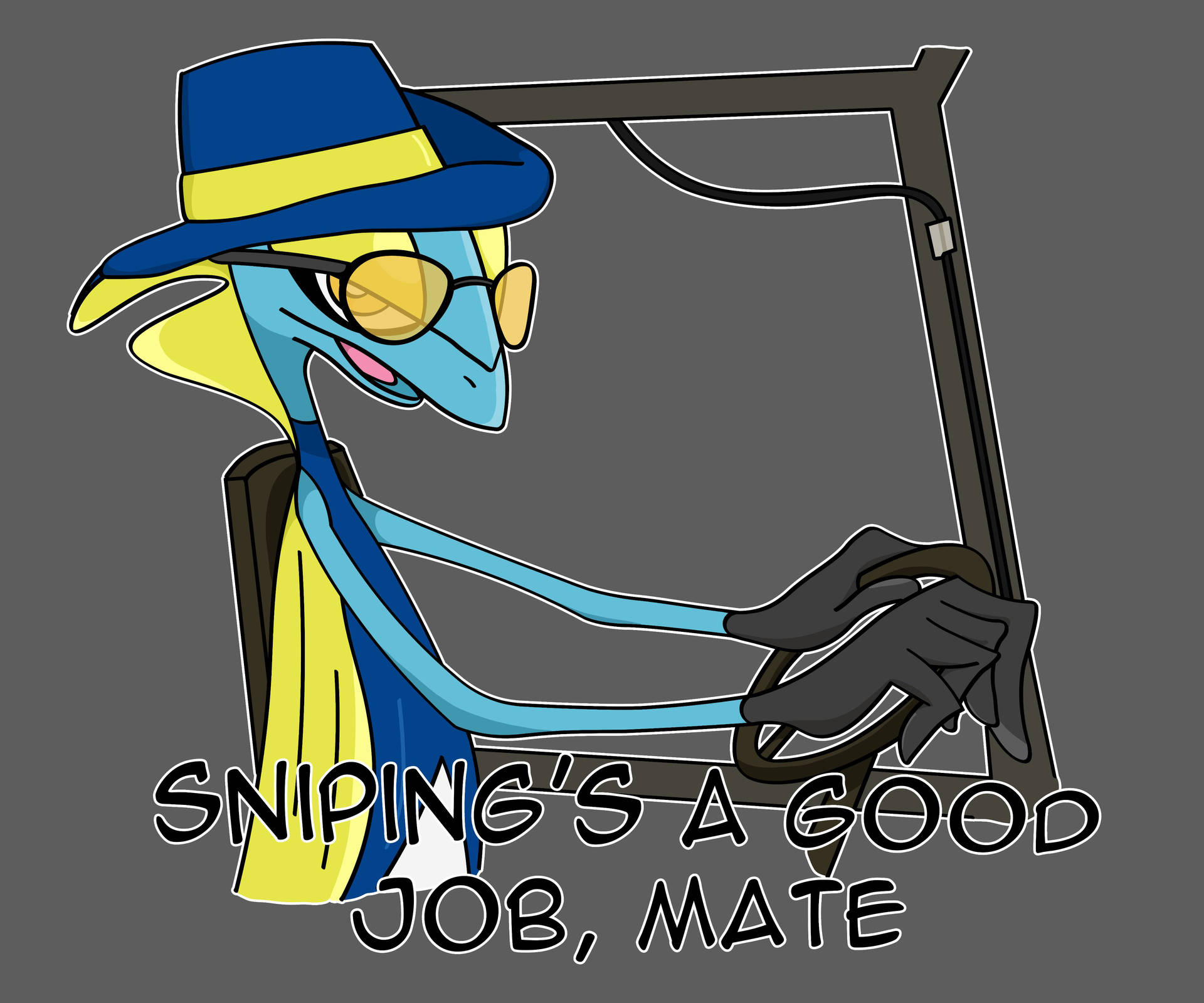 戴著費多拉帽和太陽眼鏡的藍色卡通鳥開車，附有文字 sniping's a good job mate。