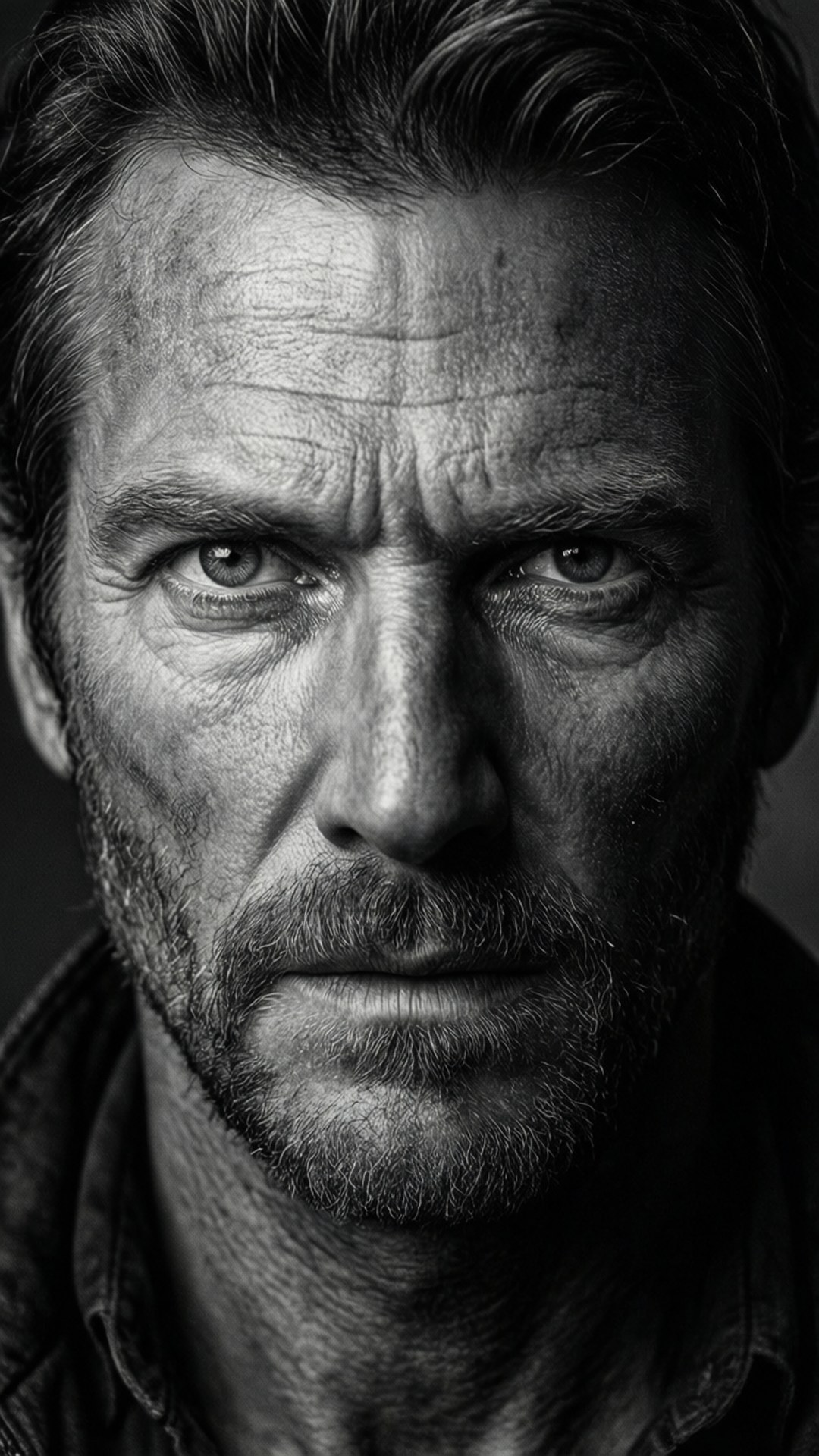 Intense Black and White Portrait 壁紙 — 一個粗獷男人的黑白特寫肖像，眼神銳利，皮膚飽經風霜，直視鏡頭。