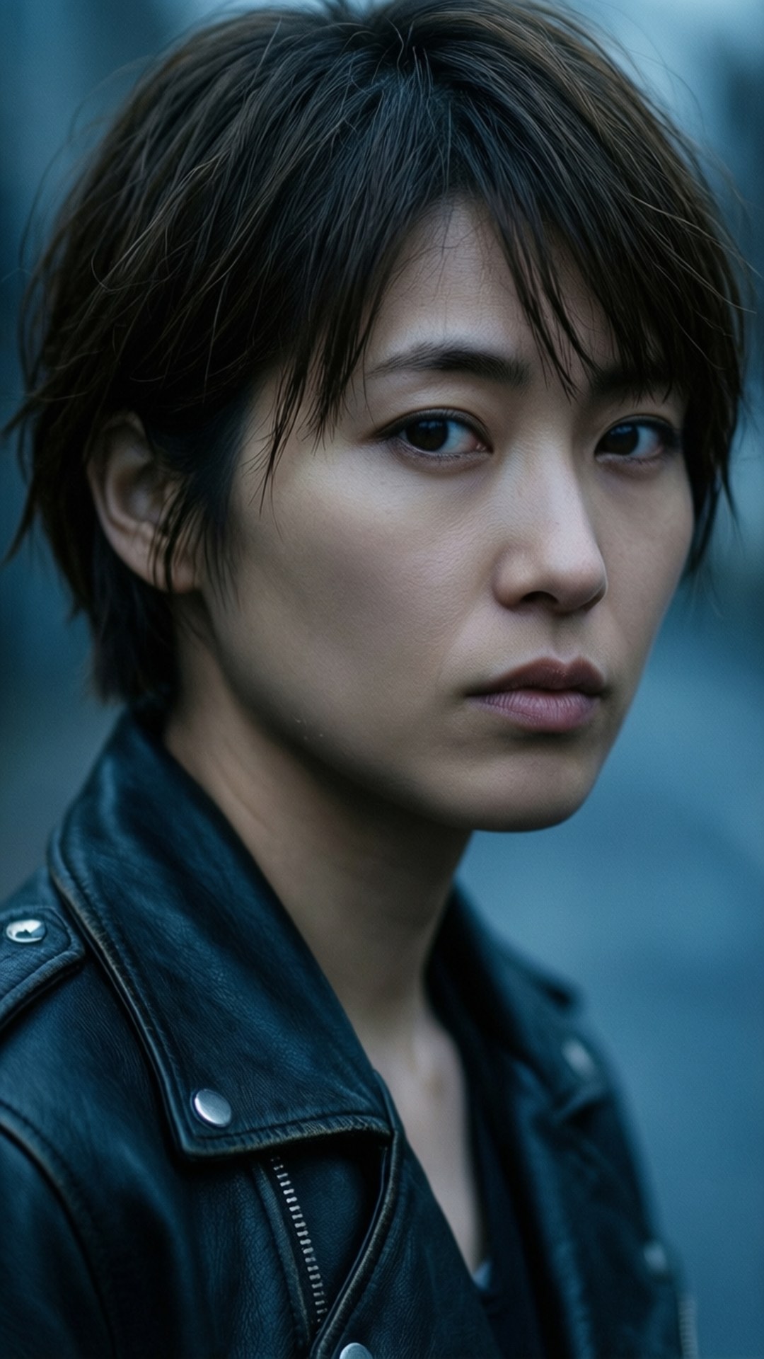 Person with short dark hair in a black leather jacket looking directly at camera. 壁紙
