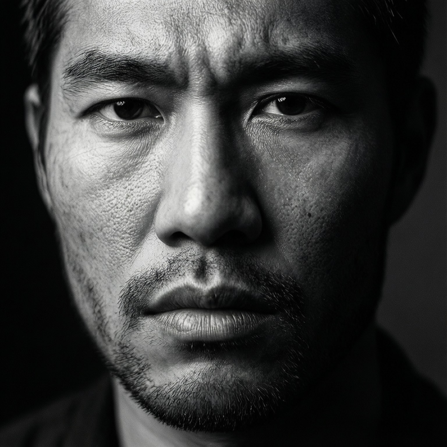 Close-up black and white portrait of a serious man with intense eyes. 壁紙