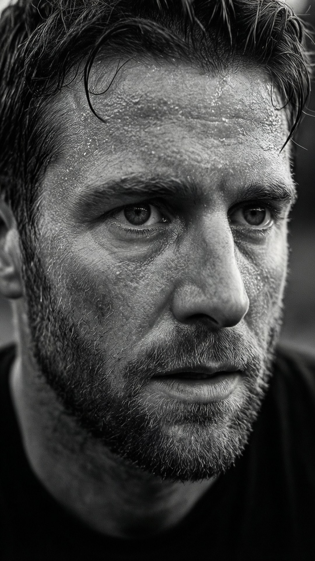 Close-up of a sweaty man with intense eyes and stubble. 壁紙