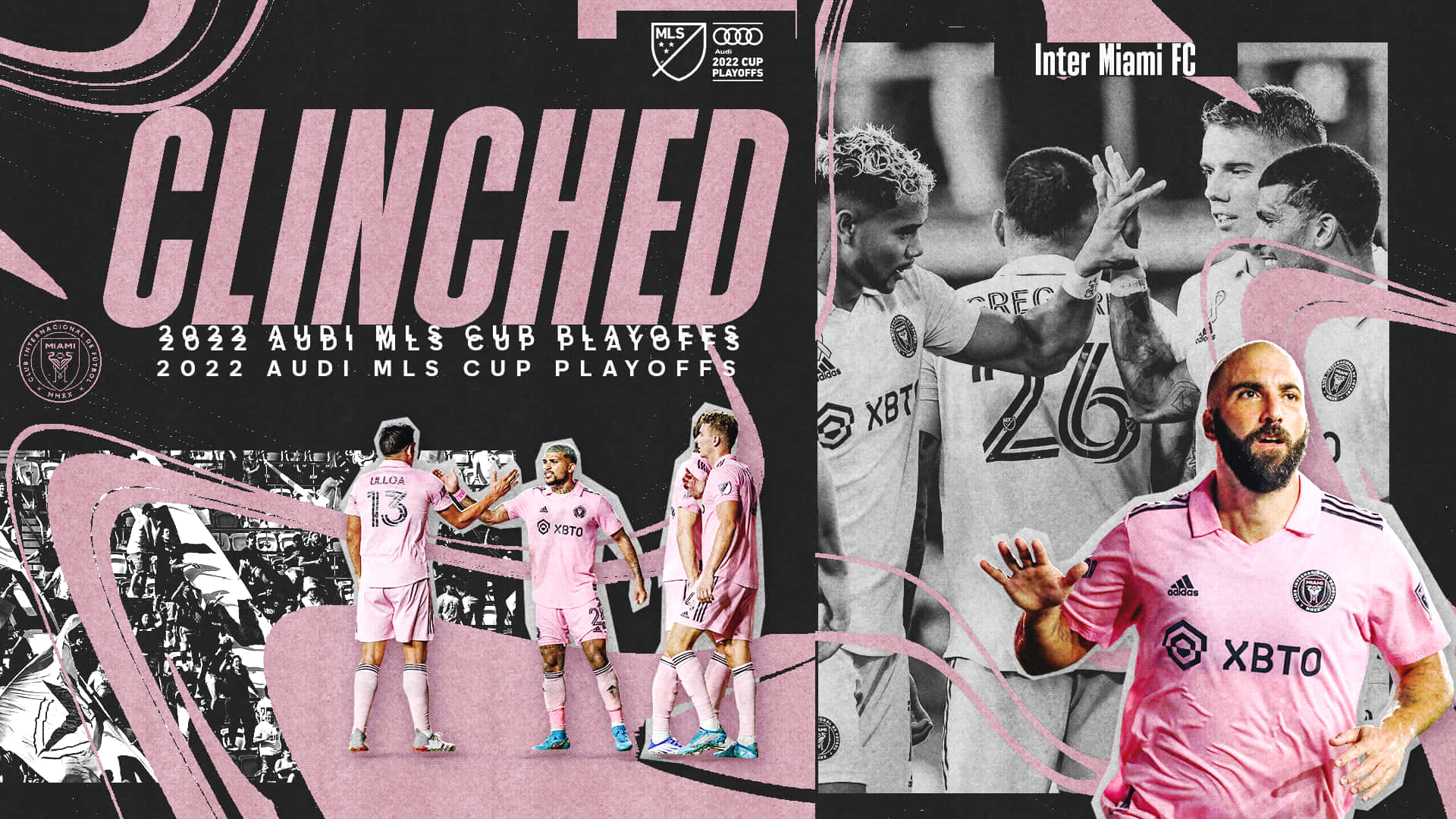 Inter Miami FC 2022 MLS 杯 Playoff 藍圖藝術 壁紙 — 身穿粉紅色球衣的足球員以鮮明的粉紅色圖形疊加慶祝贏得2022年Audi MLS盃季後賽。