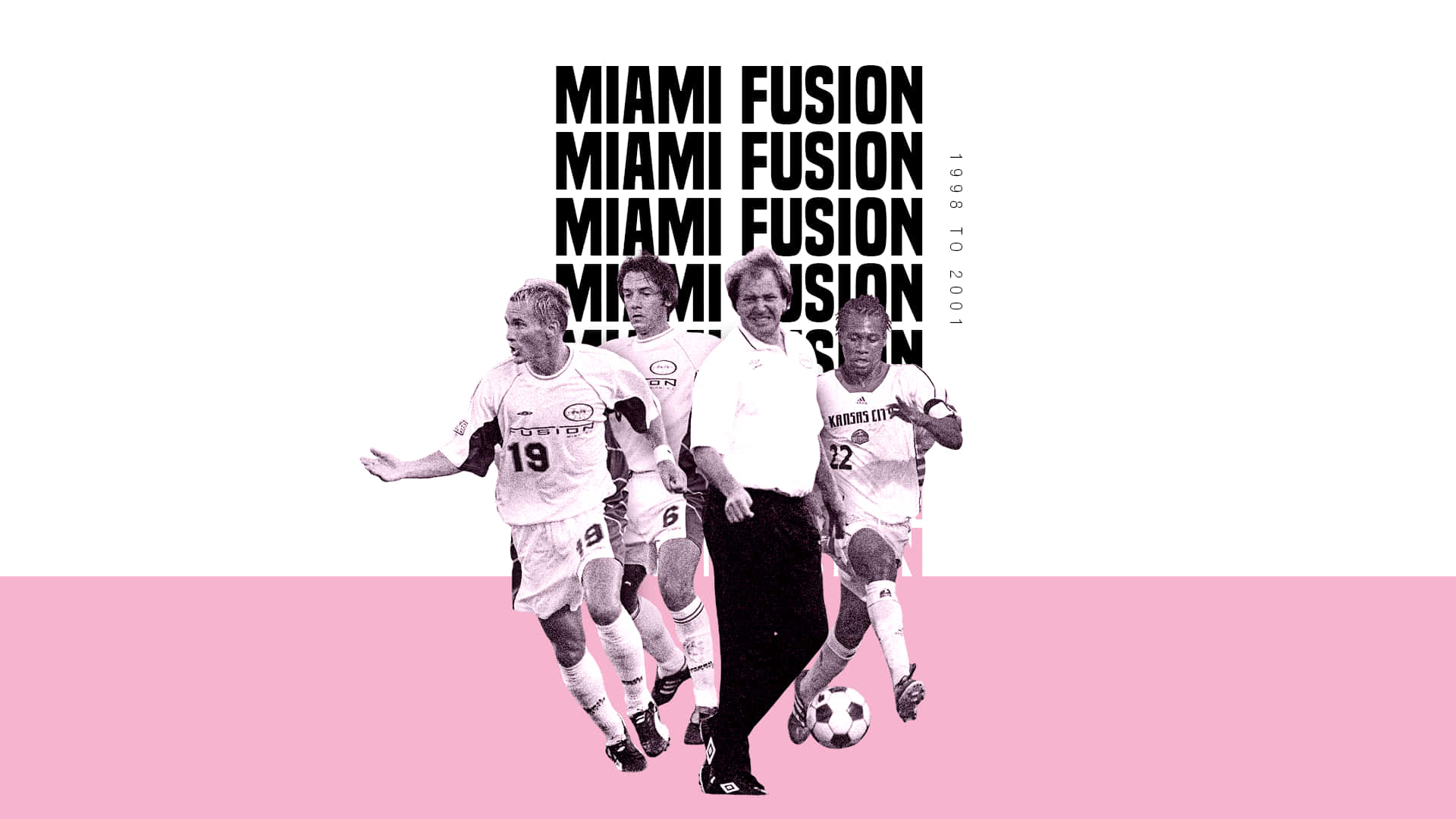 Inter Miami FC Fusion 圖形藝術 壁紙 — 一張風格化的黑白照片，展示了四名足球運動員和一名教練，下半部分為粉紅色，並疊加了「MIAMI FUSION」文字。