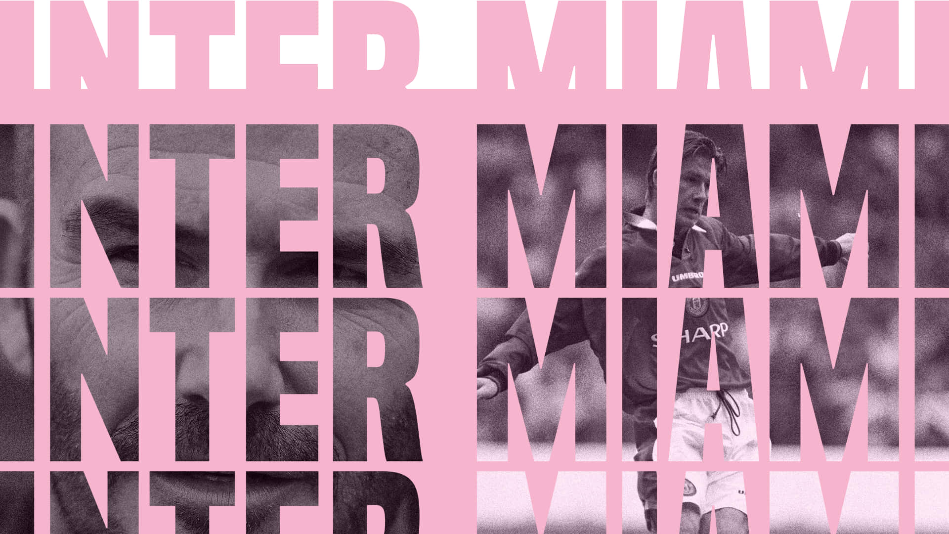 Inter Miami FC 動感字體藝術 壁紙 — 一名身穿黑色球衣的足球運動員被大膽的粉紅色和黑色重複「INTER MIAMI」文字框在圖形設計中。