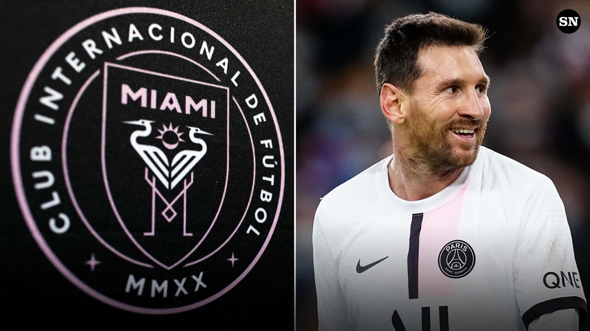 Inter Miami FC 標誌與阿根廷球員 Lionel Messi 壁紙 — 分割圖片顯示 Club Internacional de Fútbol Miami 標誌和身穿巴黎聖日耳曼球衣的 Lionel Messi。