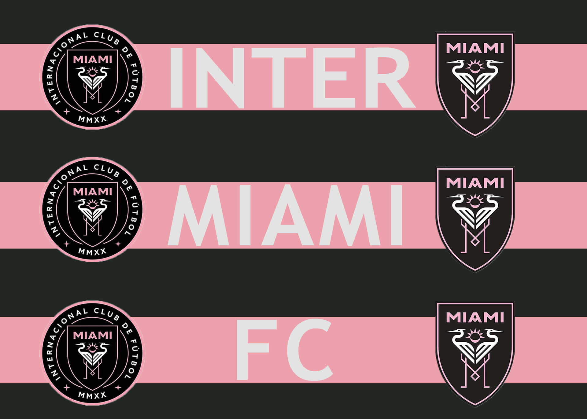 Inter Miami FC 標語橫幅藝術 壁紙 — 大膽的粉紅和黑色條紋壁紙，印有 Inter Miami FC 標誌和球隊名稱，以大型白色字體呈現。