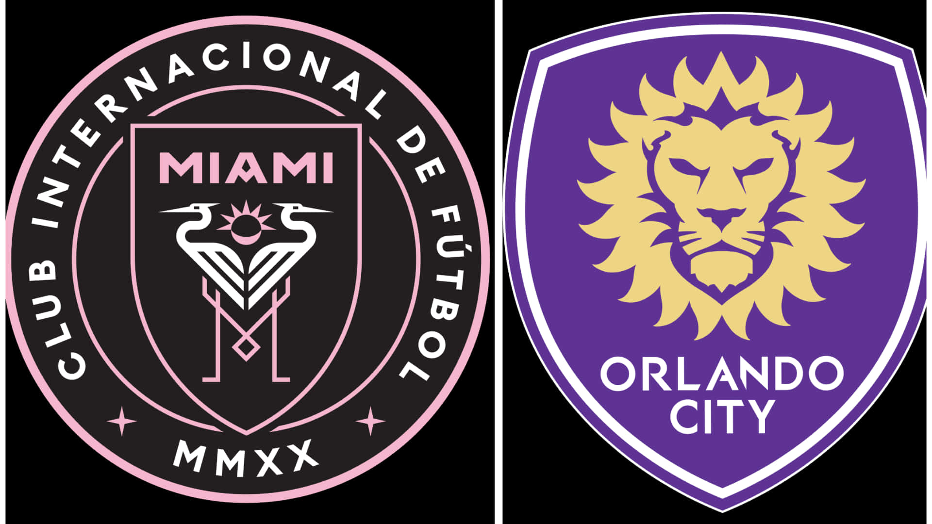 Inter Miami FC 與 Orlando City SC 官方隊徽 壁紙 — 兩個足球隊標誌並排，一個粉紅黑色有鶴，另一個紫色有獅子