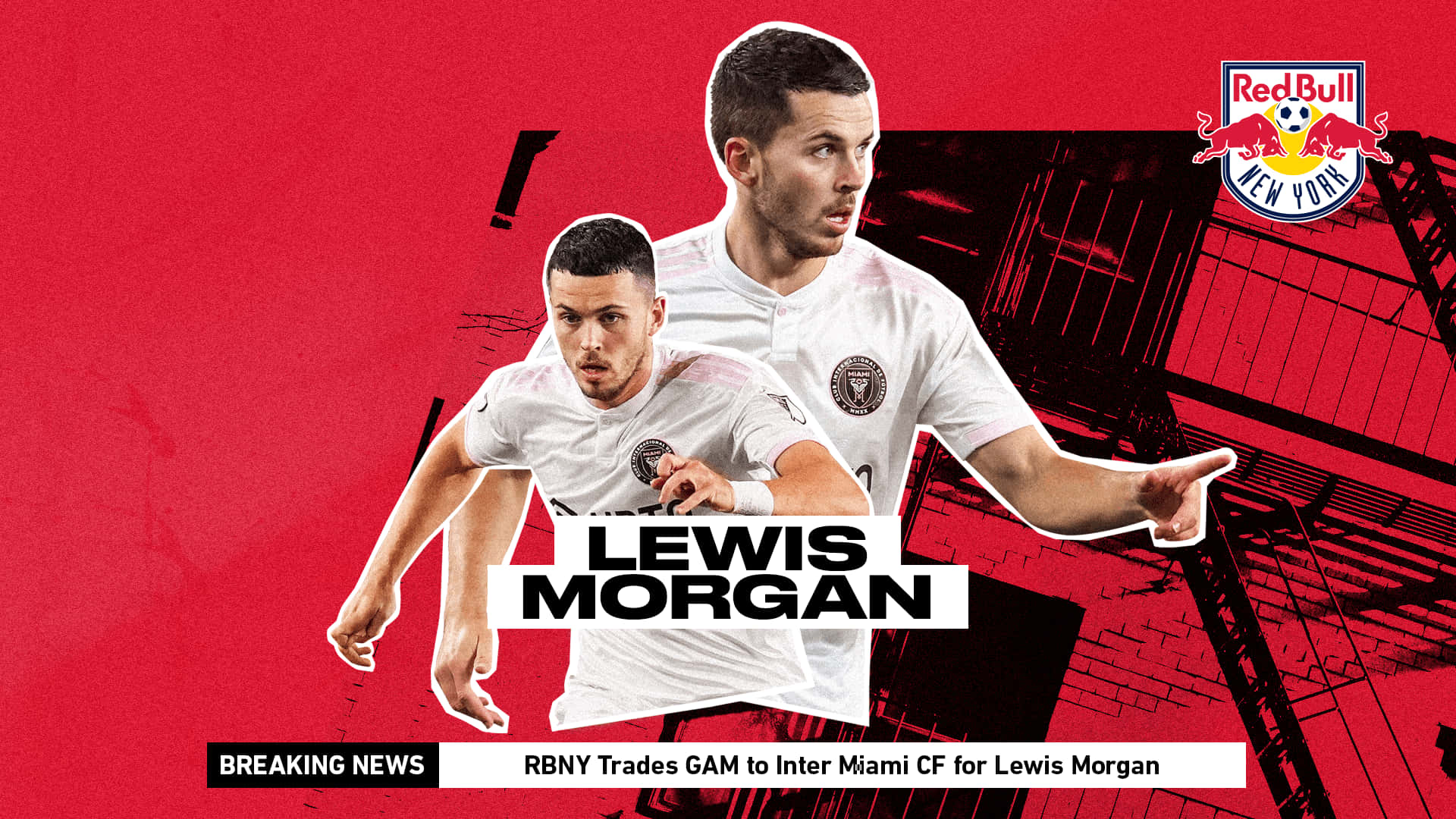 Inter Miami FC 蘇格蘭翼鋒 Lewis Morgan 圖像藝術 壁紙 — 兩名身穿白色球衣的足球運動員在帶有體育場圖形和粗體文字宣佈交易的醒目紅色背景上動態衝刺。