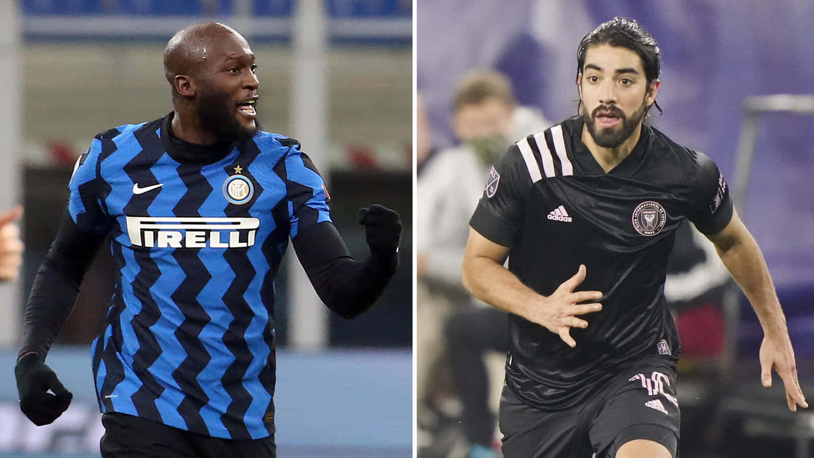 Inter Miami FC 馬蒂亞斯·佩萊格里尼與國際米蘭羅梅盧·盧卡庫 壁紙 — 兩名足球運動員正在比賽中，一人身穿藍黑間條球衣，另一人身穿黑色球衣，兩人在球場上激烈奔跑。