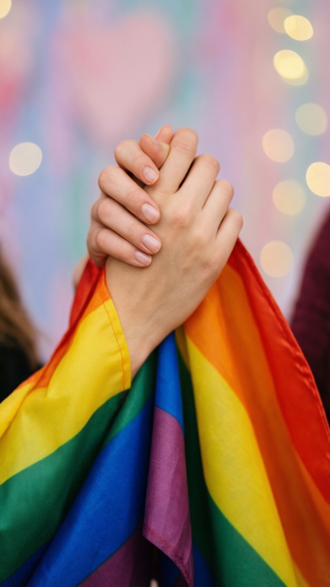 兩隻手緊緊握住，包裹在彩虹旗中，背景有柔和的燈光和心形。