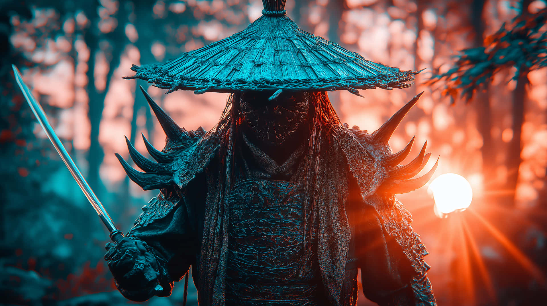 一名戴著面具、身穿尖刺盔甲和寬邊帽的戰士，在日落時分的森林中手持劍。
