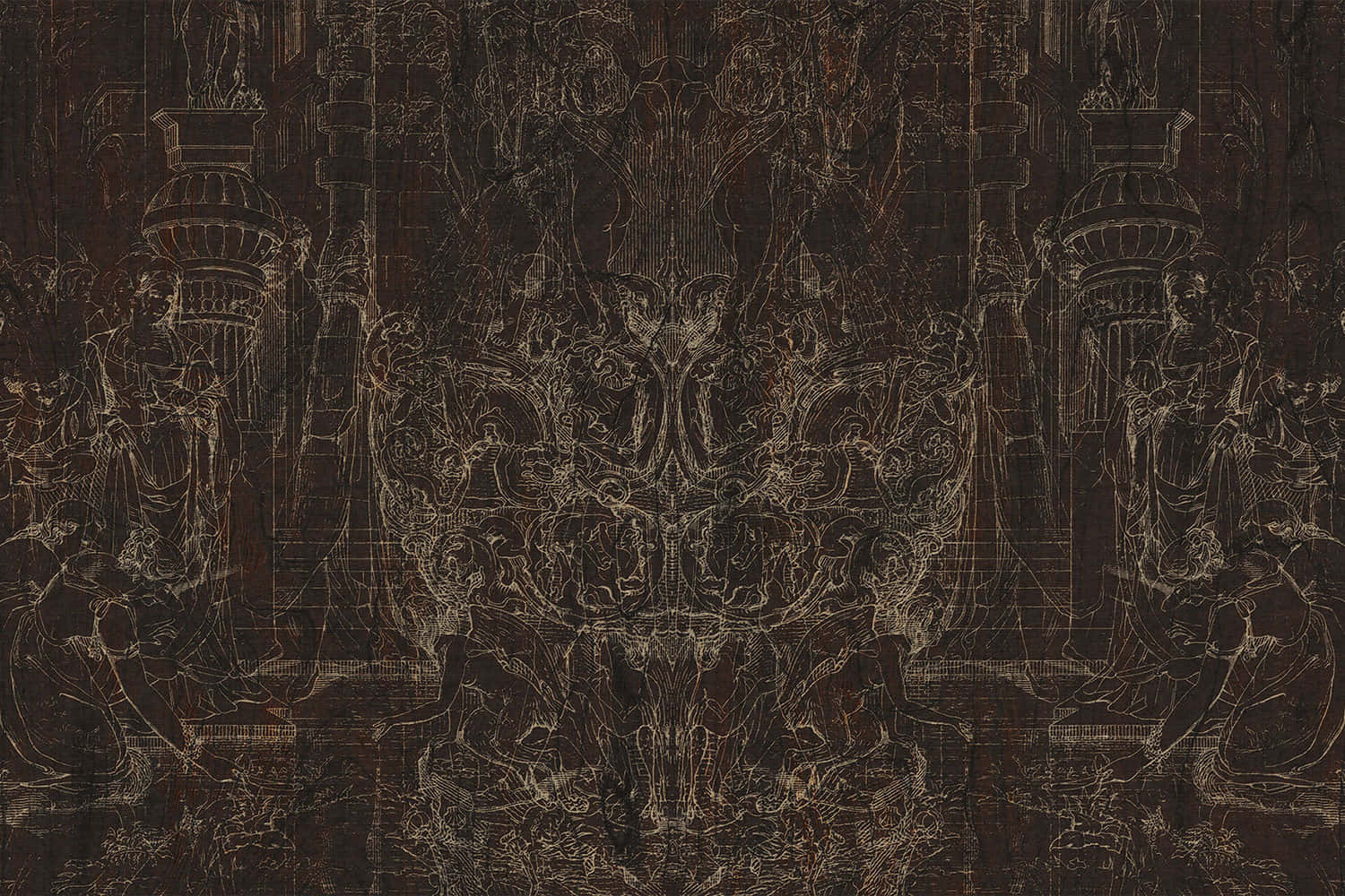 深色木材上詳細的金色蝕刻，顯示了帶有人物的對稱建築場景。