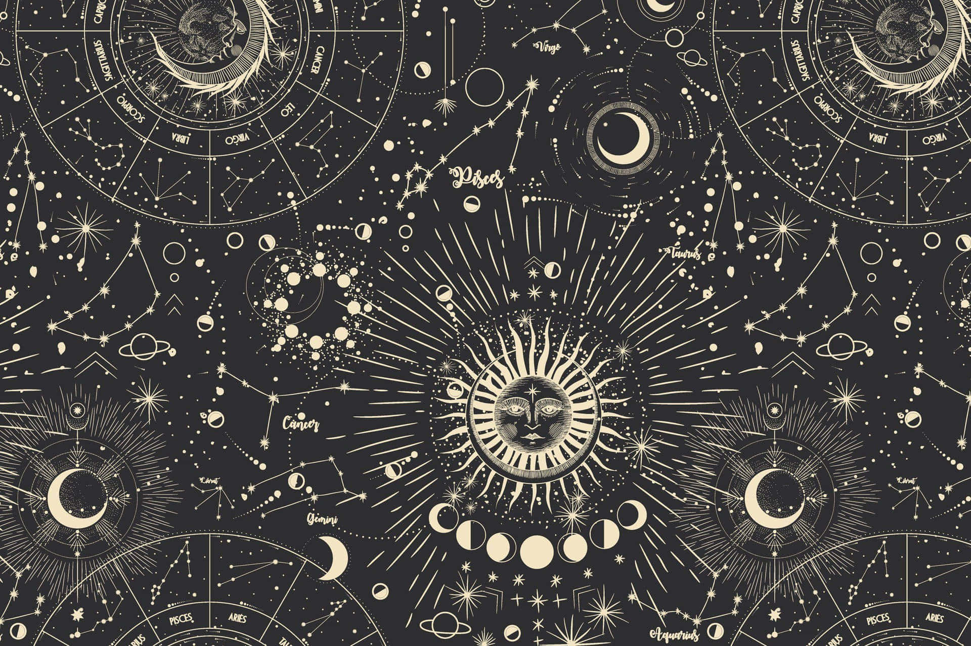  壁紙 — 一幅精緻的復古天體圖，帶有金色黃道十二星座和中央太陽臉，背景為深色。