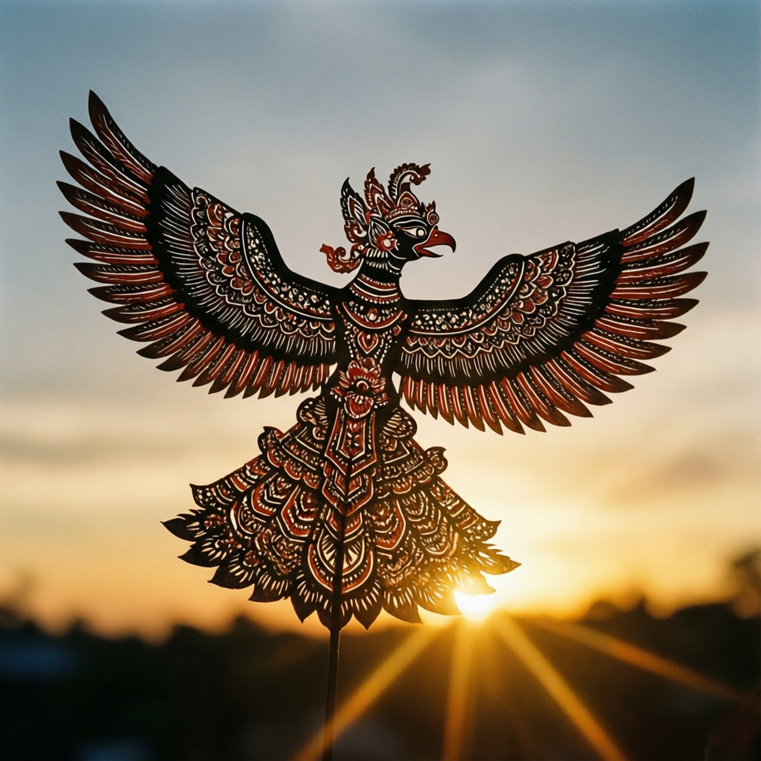 華麗的迦樓羅剪影，襯托著金色夕陽和陽光。