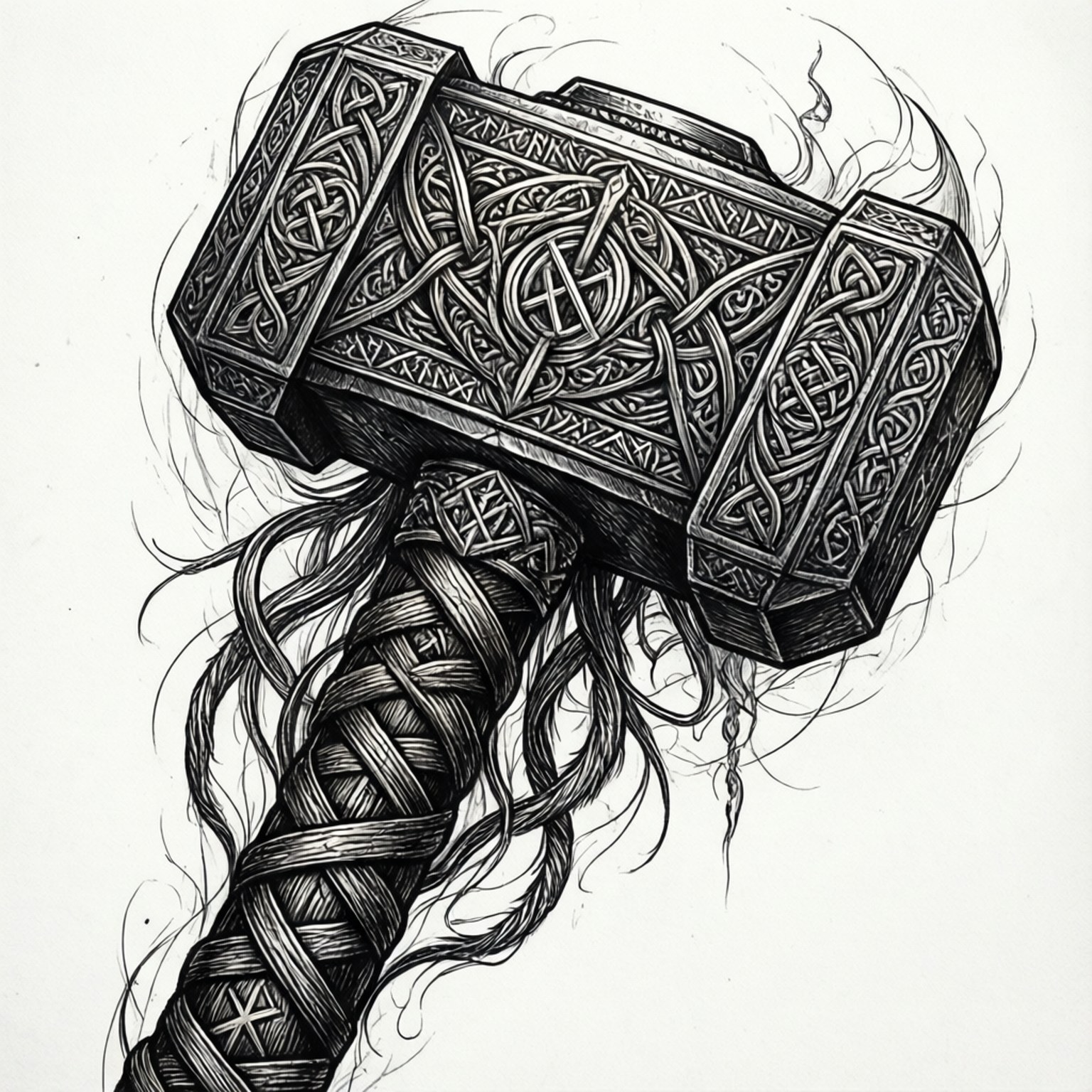Mjolnir 桌布 壁紙 — 一幅細節複雜的黑白插圖，描繪了托爾的雷神之鎚妙爾尼爾，帶有凱爾特結飾和旋轉的煙霧。