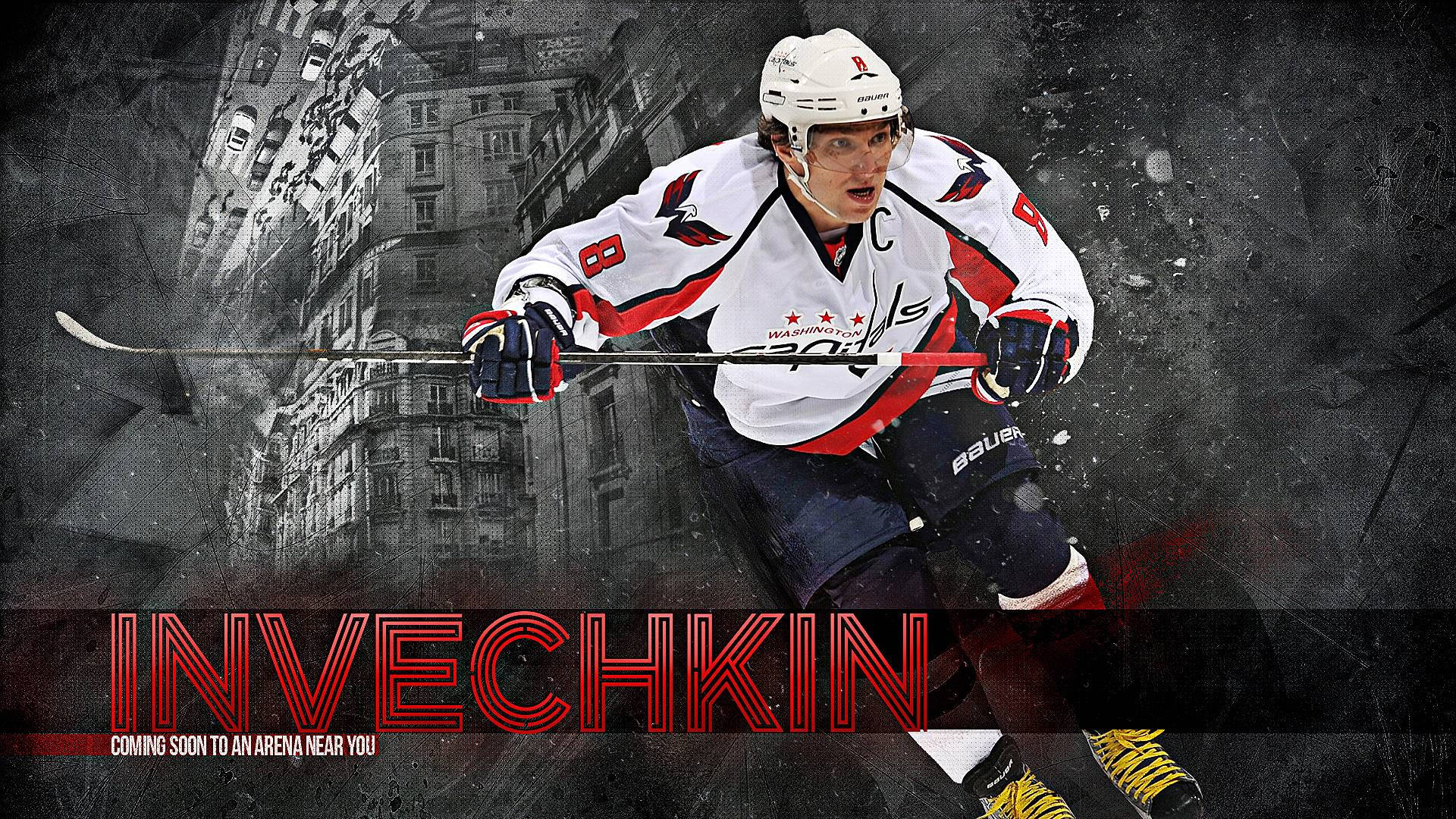 亞歷克斯·奧維琴INVECHKIN粉絲藝術NHL 壁紙 — 身穿白色球衣的冰球運動員Invechkin在粗糙的城市背景下用球棍向前猛擊。