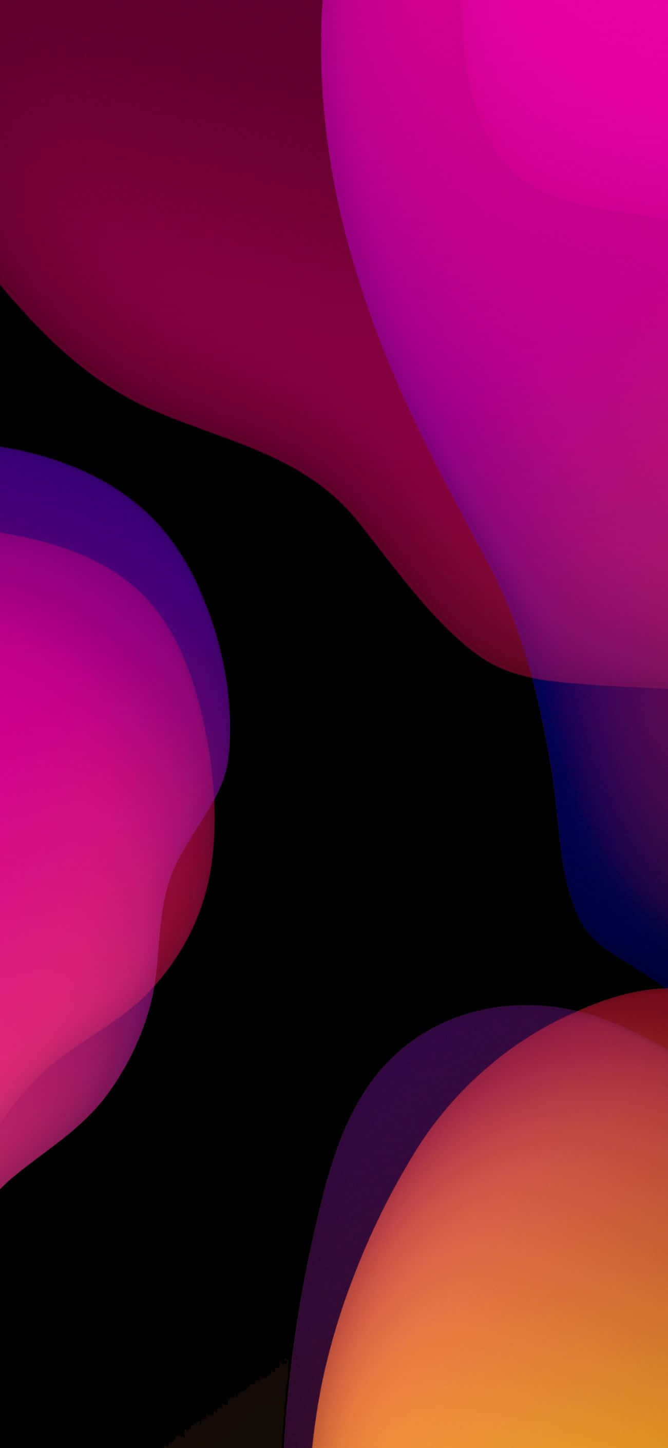 iOS 1 紫紅氣泡 壁紙 — 在深黑色背景上，洋紅紫色和橙色的鮮豔抽象形狀發光。