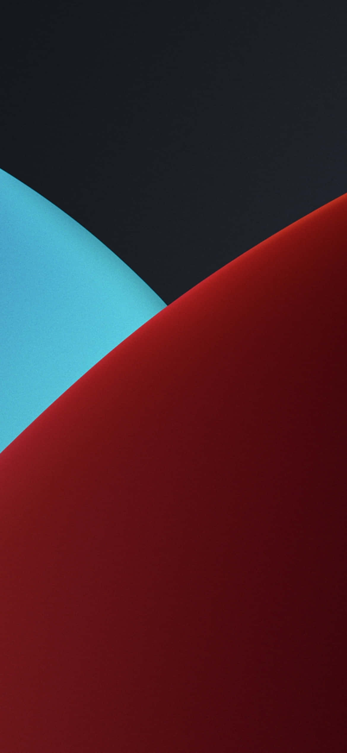 iOS 13 重疊幾何圖案背景 壁紙 — 大膽的抽象構圖，平滑的紅色和青色曲線在深黑色背景上。