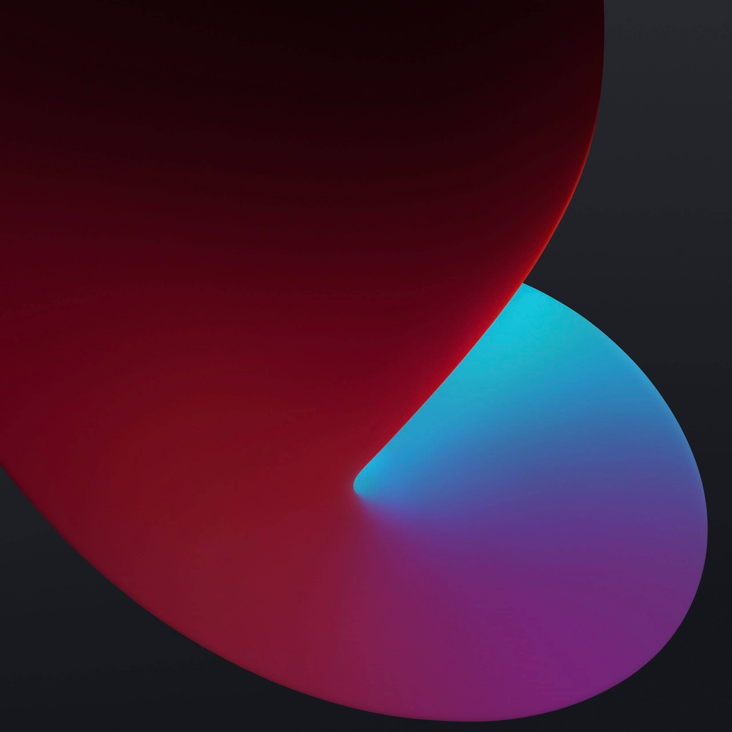 iOS 14 灰色背景抽象形狀 壁紙 — 鮮豔的紅色和青色抽象形狀在深色背景上彎曲，營造出動態的現代構圖。