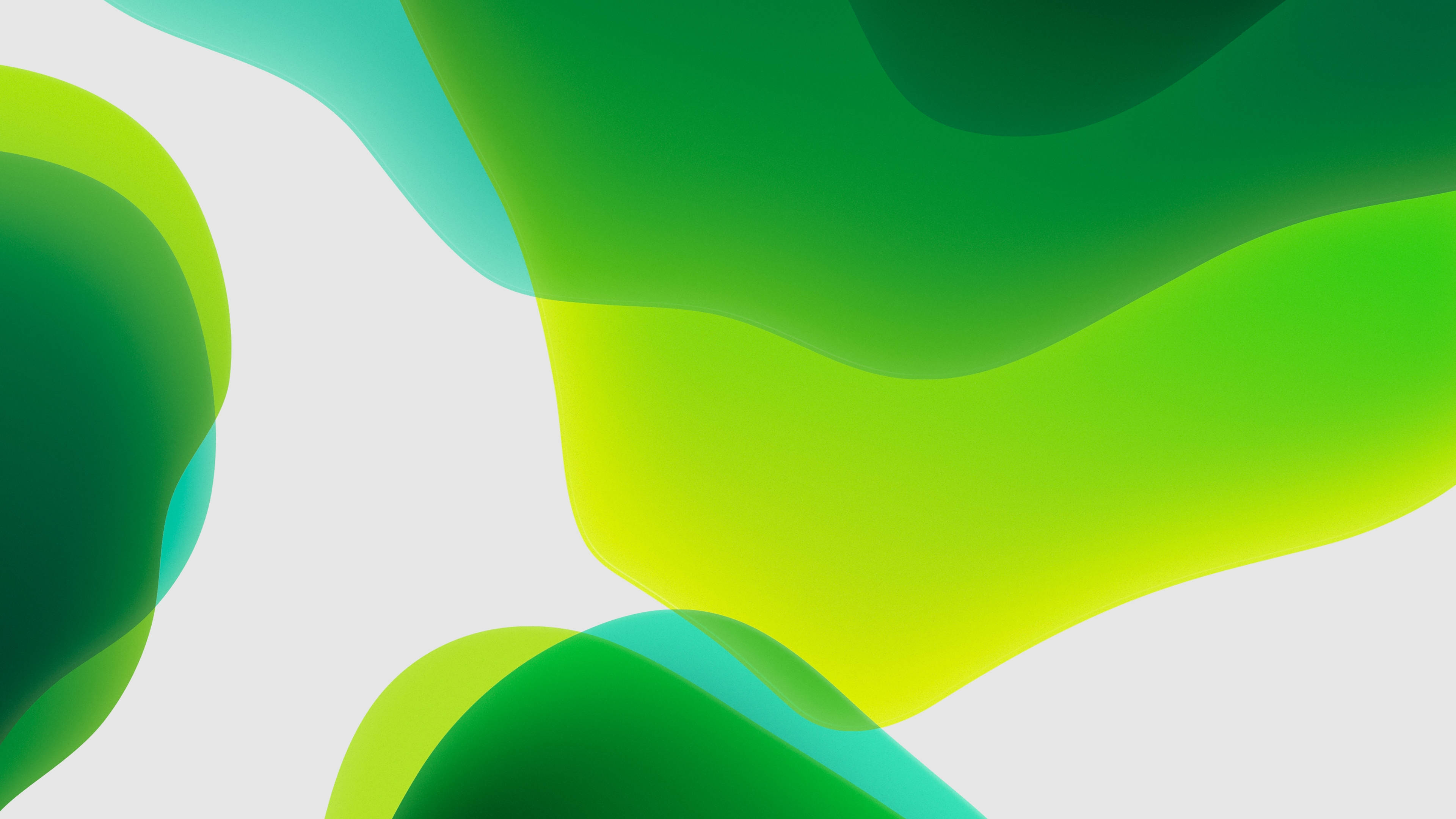 iOS 14 綠色抽象藝術 壁紙 — 充滿活力的綠色抽象形狀在柔和的白色背景上優雅流動，呈現現代數位設計。