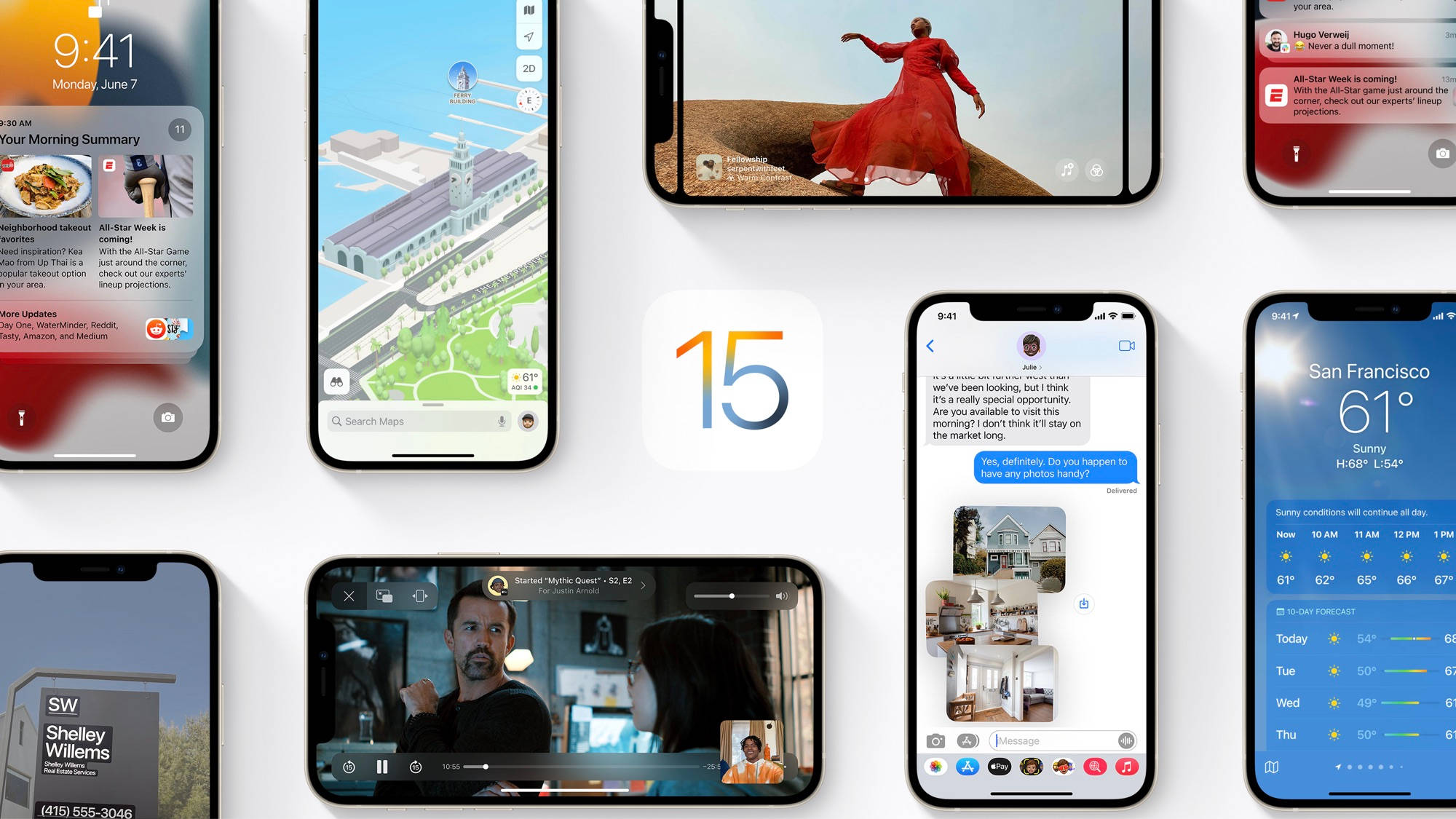 iOS 15 iPhone 屏幕 壁紙 — 一個iPhone屏幕拼貼畫，展示iOS 15功能，如地圖、天氣、訊息和應用程式介面，背景為乾淨的白色。