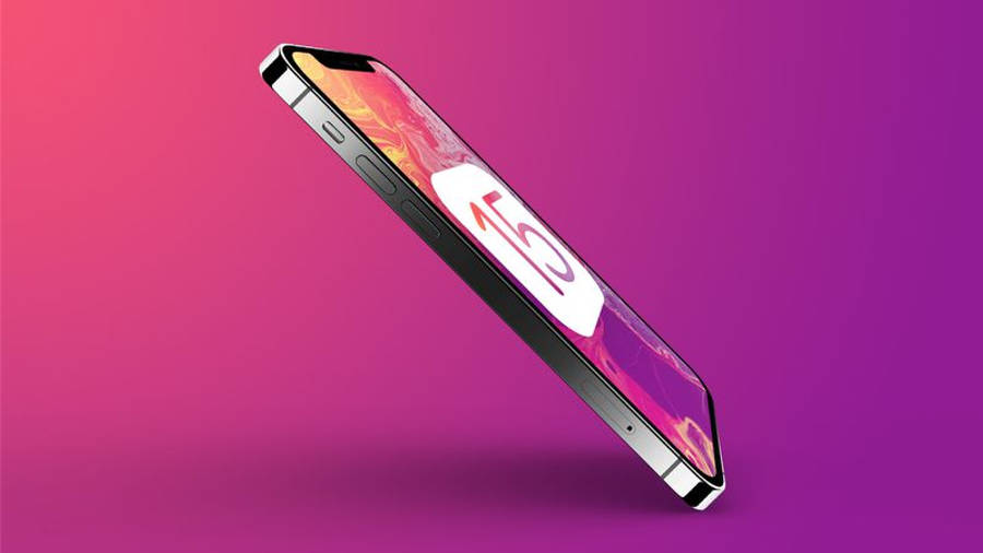 iOS 15 iPhone 深空黑 壁紙 — 一部時尚智能手機在充滿活力的粉紅和紫色漸變背景上對角漂浮，顯示一個風格化的數字15。