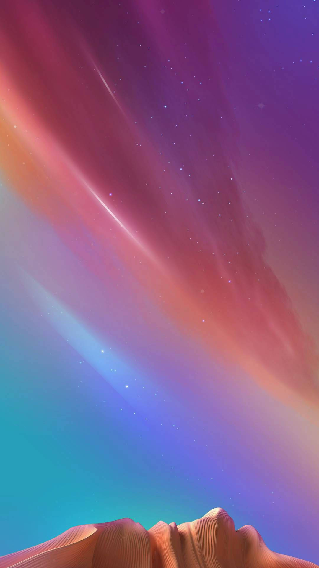 超現實的沙漠峽谷，在色彩繽紛的宇宙天空下，有極光和星星。
