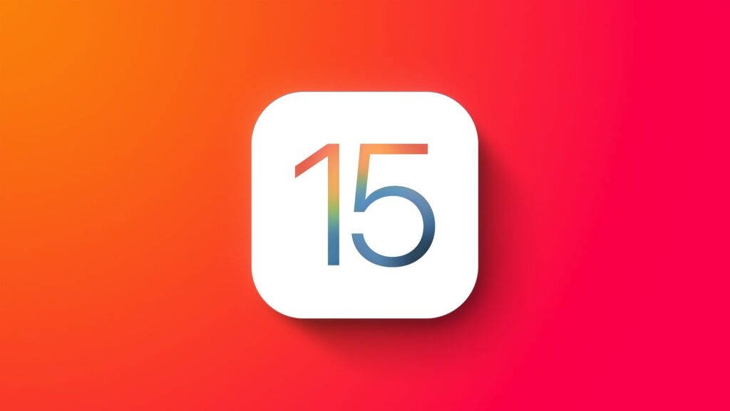 iOS 15 紅橙配色 壁紙 — 一個白色圓角方形圖標，帶有彩虹漸變的數字15，居中放置在鮮豔的橙色到紅色漸變背景上。