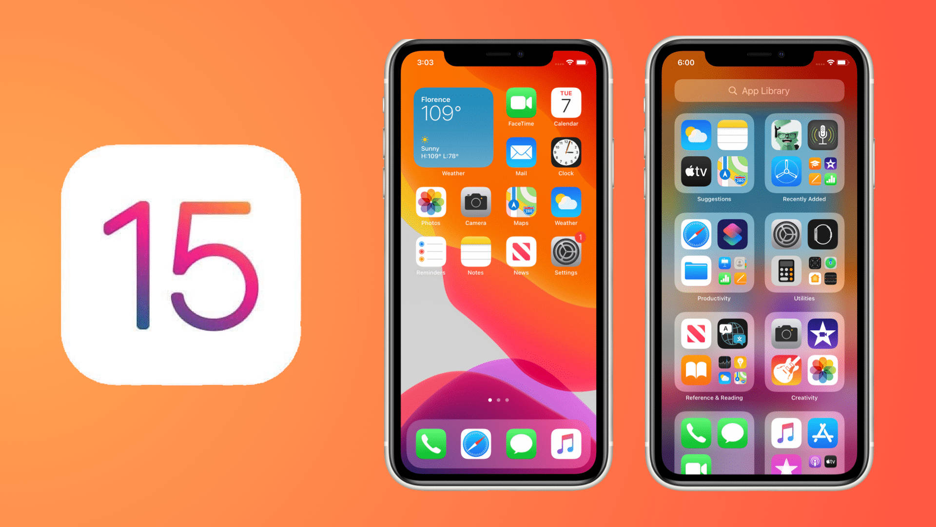 iOS 15介面優雅視覺 壁紙 — 兩部iPhone在橙色漸變背景上展示iOS 15介面，並帶有iOS 15標誌。