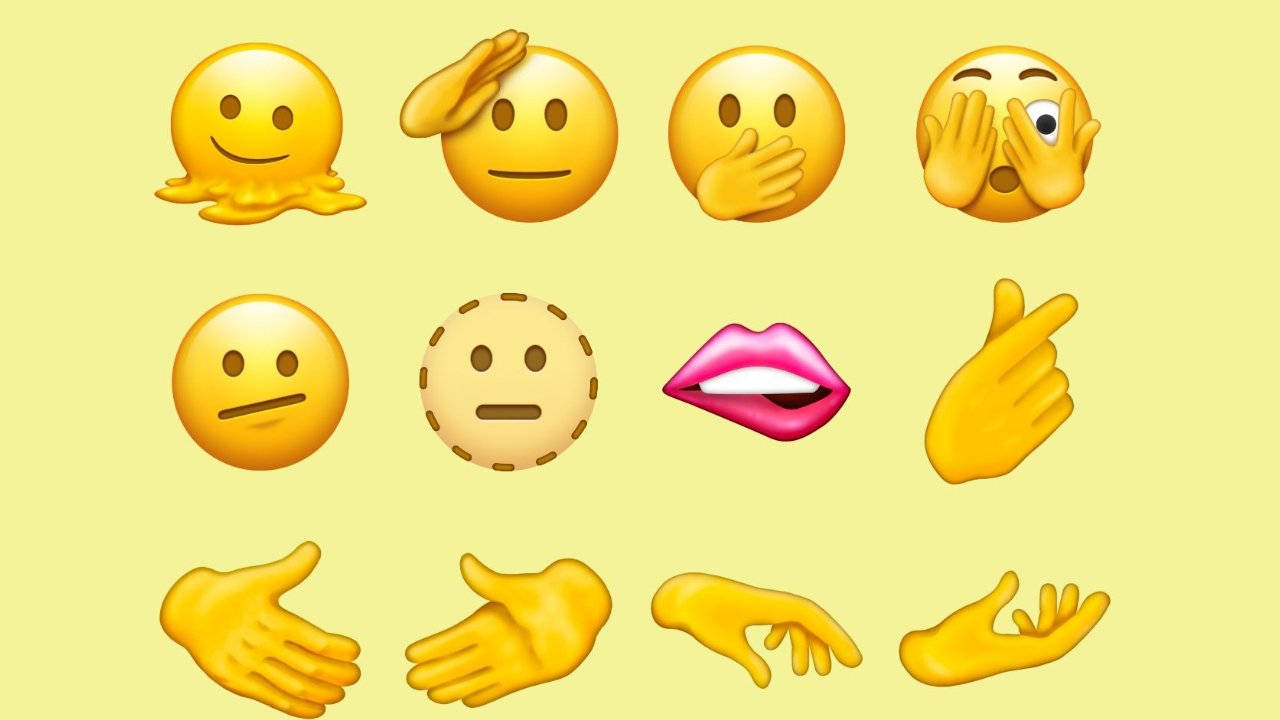 iOS 15黃色表情符號 壁紙 — 一系列黃色表情符號圖標，包括臉部、手部和嘴唇，排列在淺黃色背景上。