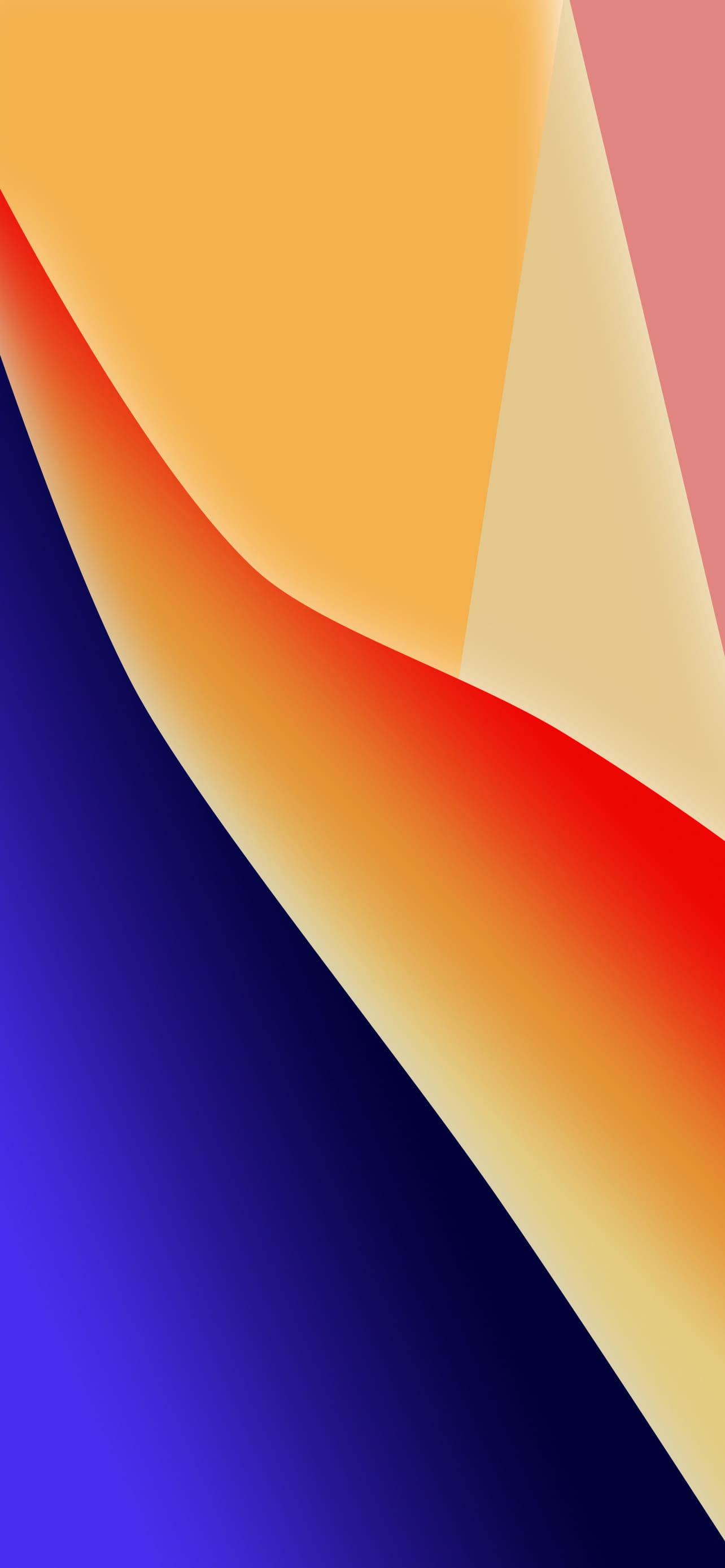 光澤紫黃抽象圖案 iOS 16 壁紙 — 充滿活力的抽象牆紙，帶有橙色、紅色、黃色和藍色的流動漸變，營造出動態的對角線形狀。