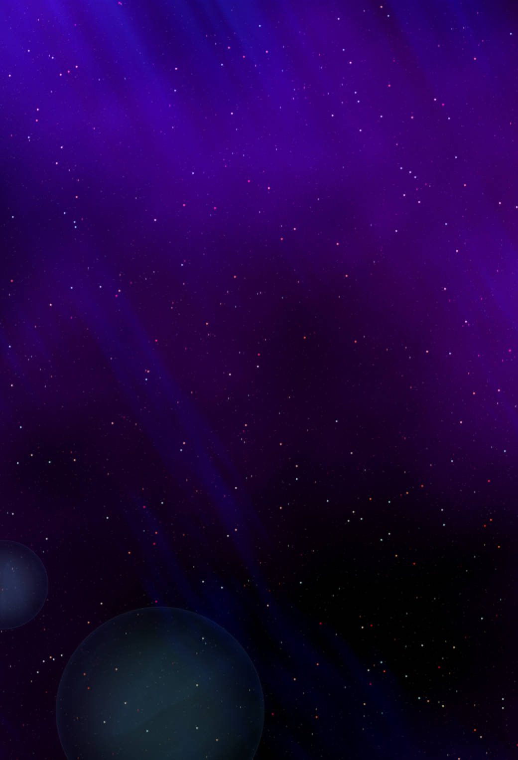 紫色宇宙場景，有星星、星雲和兩顆行星