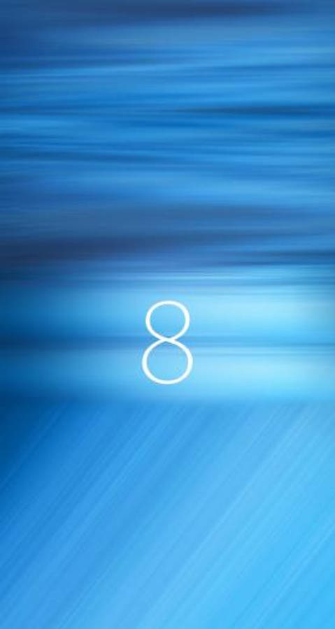 iOS 8 標誌 壁紙 — 極簡藍色漸變壁紙，中央有一個發光的白色數字八，背景是動態模糊條紋。