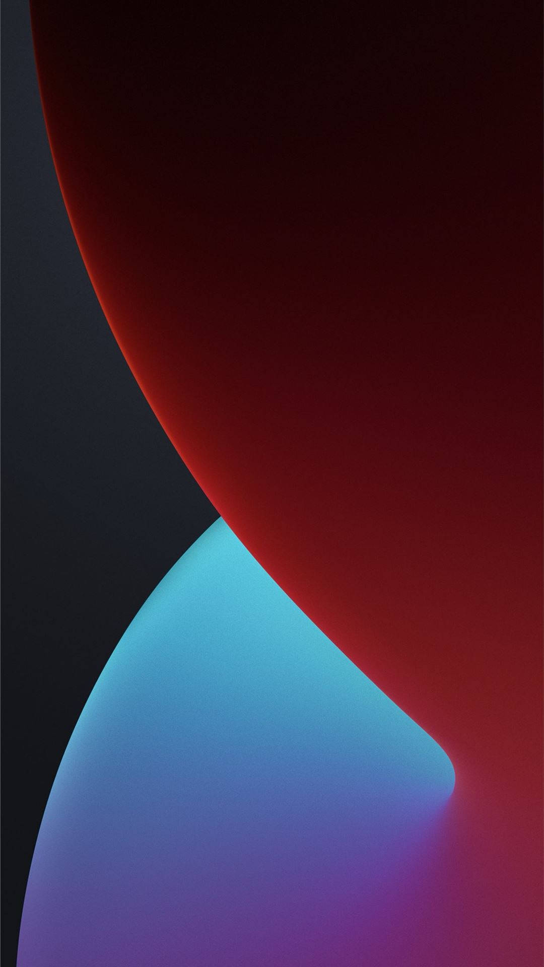 iOS 8 紅藍色塊 壁紙 — 在深色背景上，流動的紅色和藍色曲線形狀的極簡抽象構圖。