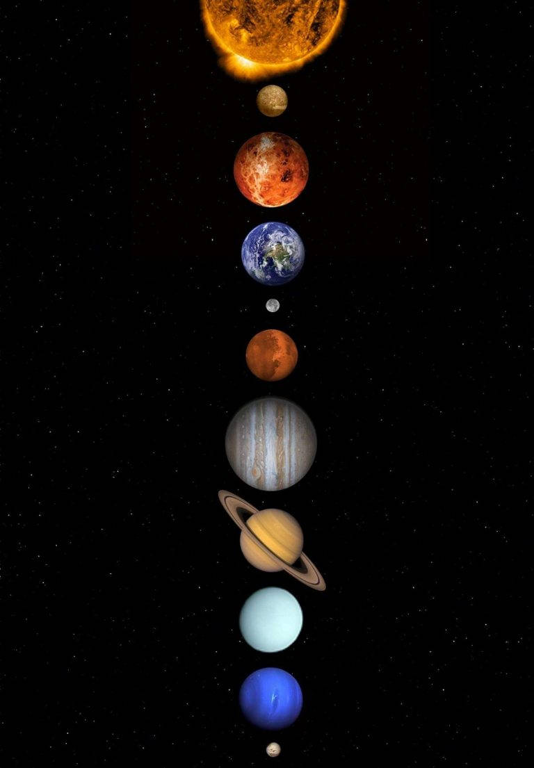 太陽系行星 iPad 2021 壁紙 — 太陽系行星從太陽到最小行星垂直排列，背景是繁星點點的黑色太空。