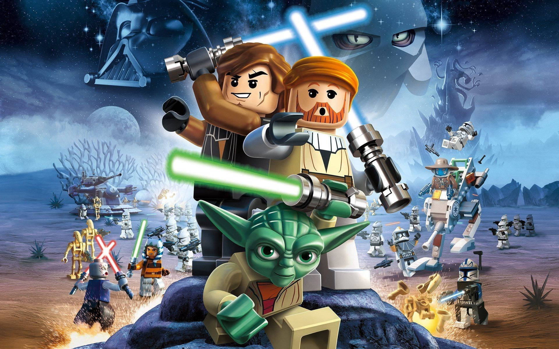 星際大戰 iPad 萬花筒星際大戰 3 壁紙 — LEGO Star Wars 角色在沙漠星球上，在星空下與逼近的達斯維達用光劍戰鬥。